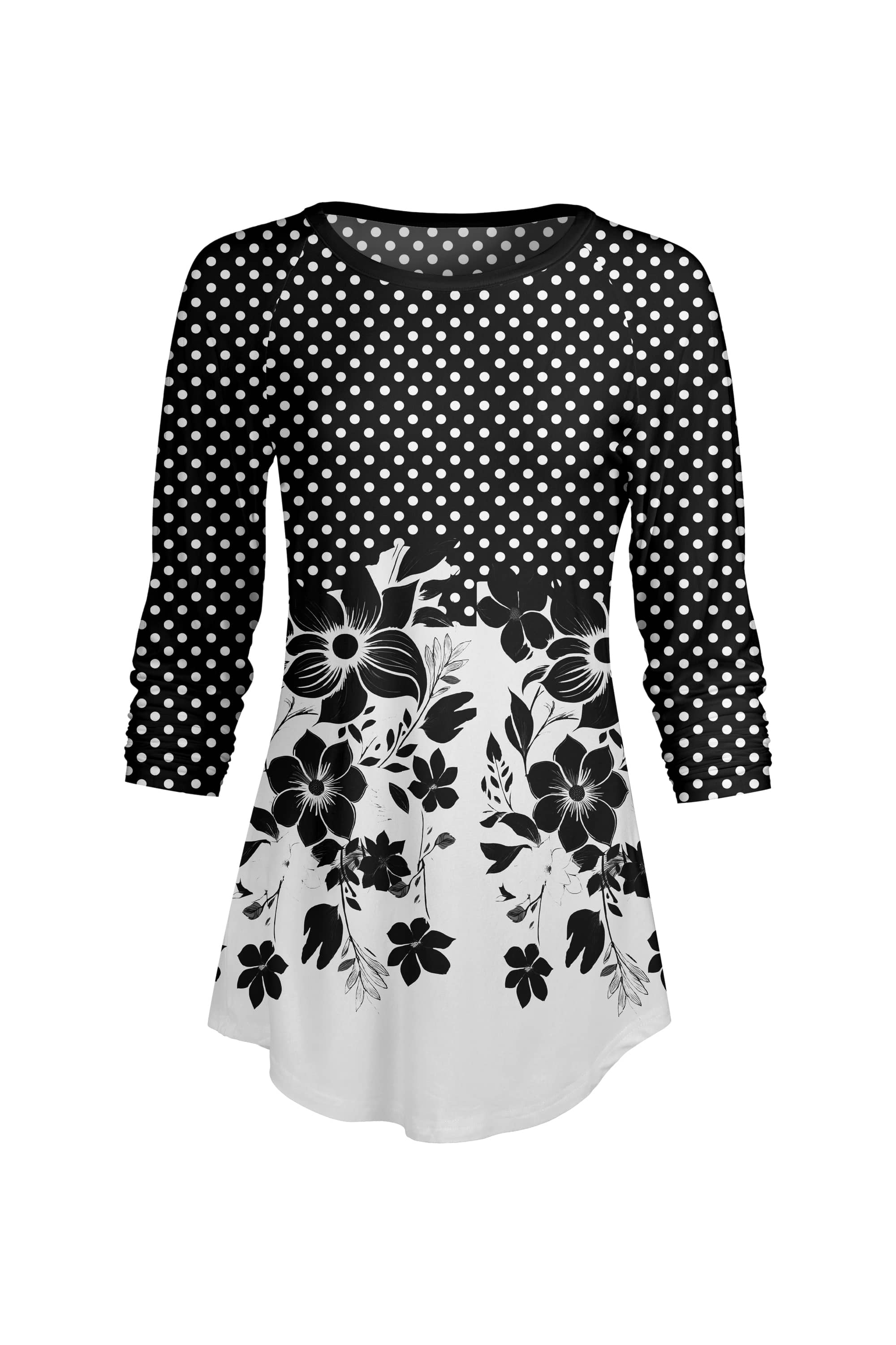 Lily by Firmiana Women’s ¾ Sleeve Scoop Neck Tunic Top Black & White Floral Hem - Image 3