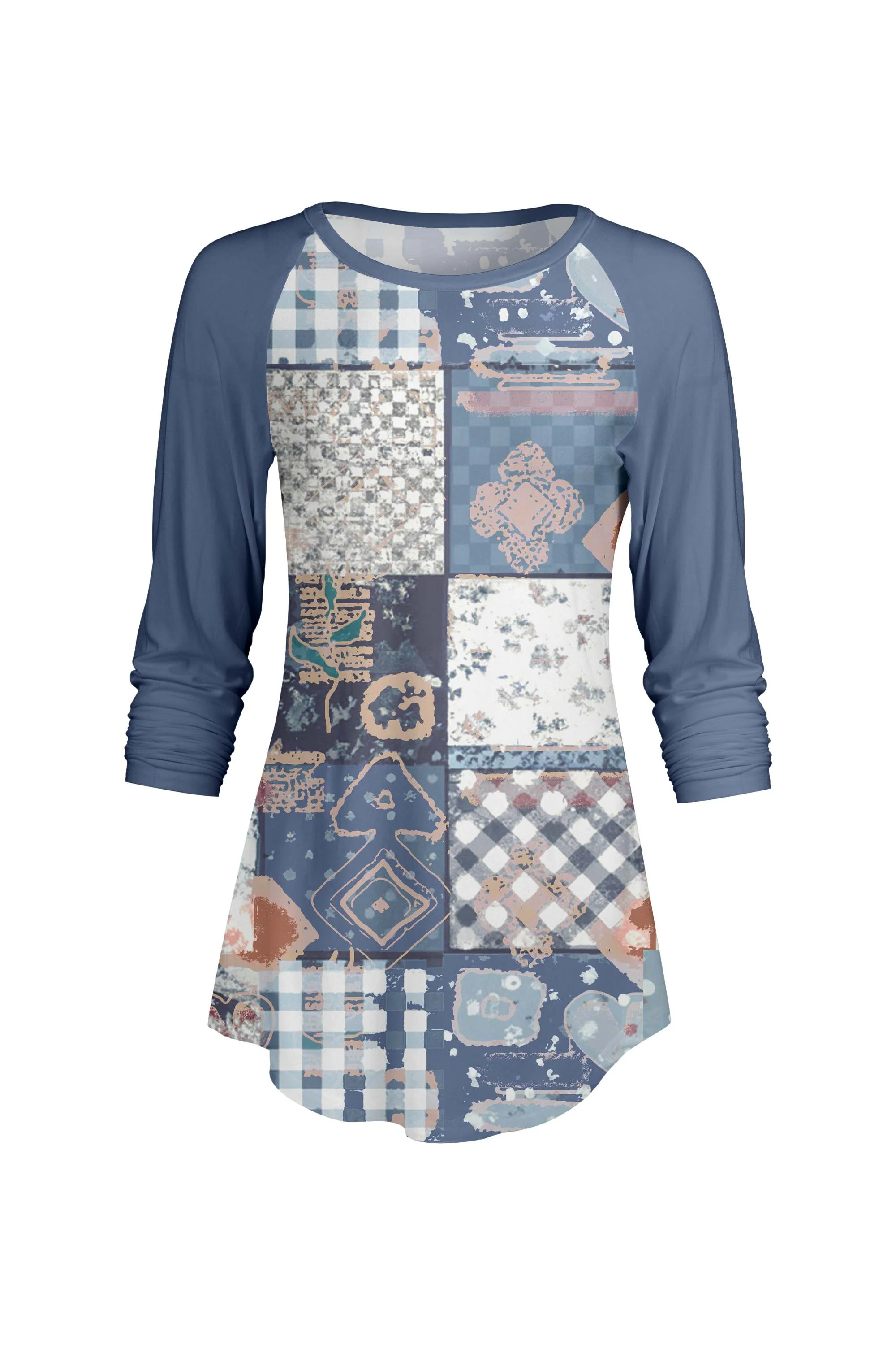 Lily by Firmiana Women’s ¾ Sleeve Scoop Neck Tunic Top Blue & Beige Patchwork - Image 4