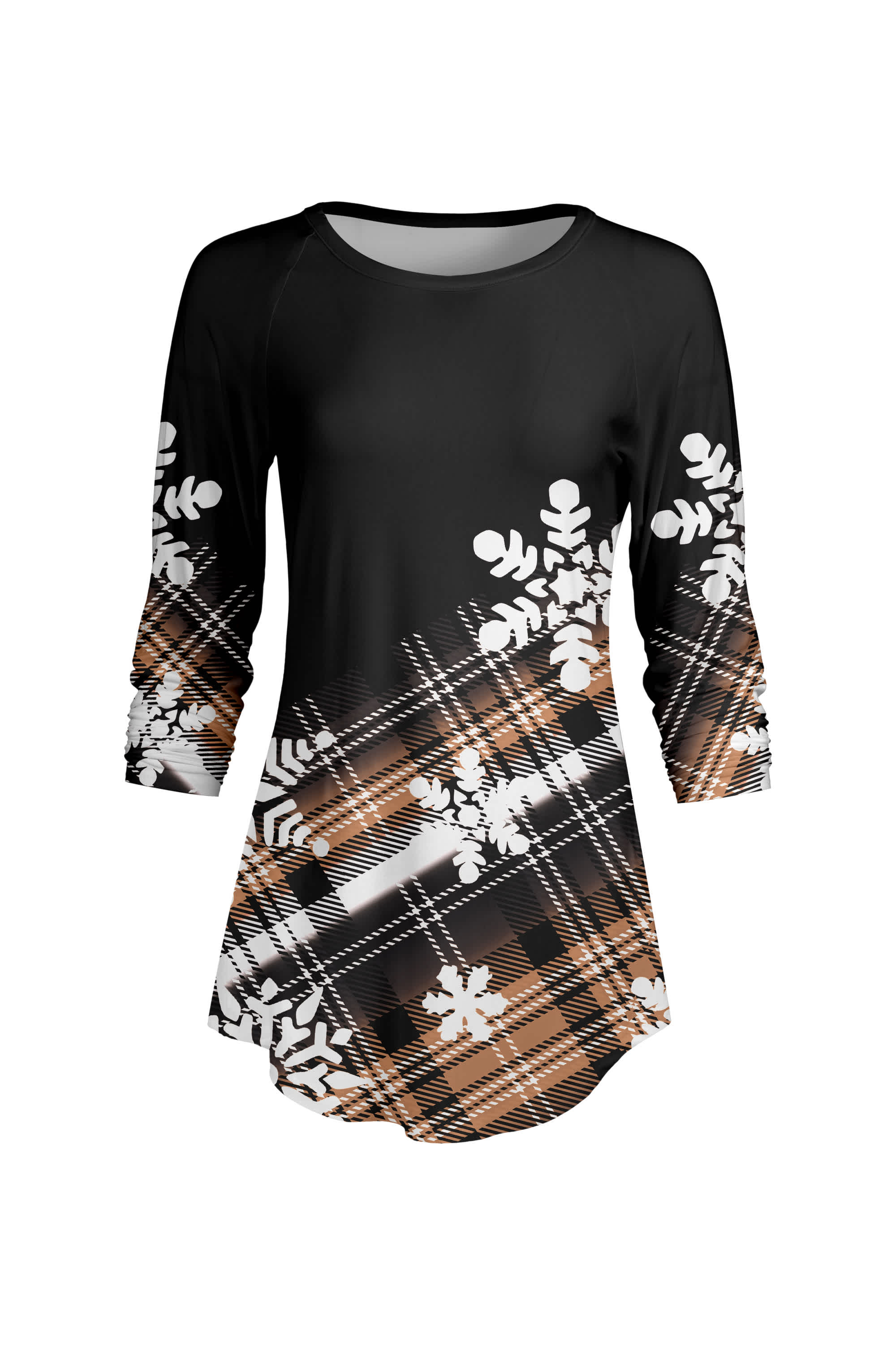 Lily by Firmiana Women’s ¾ Sleeve Scoop Neck Tunic Top Brown and Black Snowflake Print - Image 4