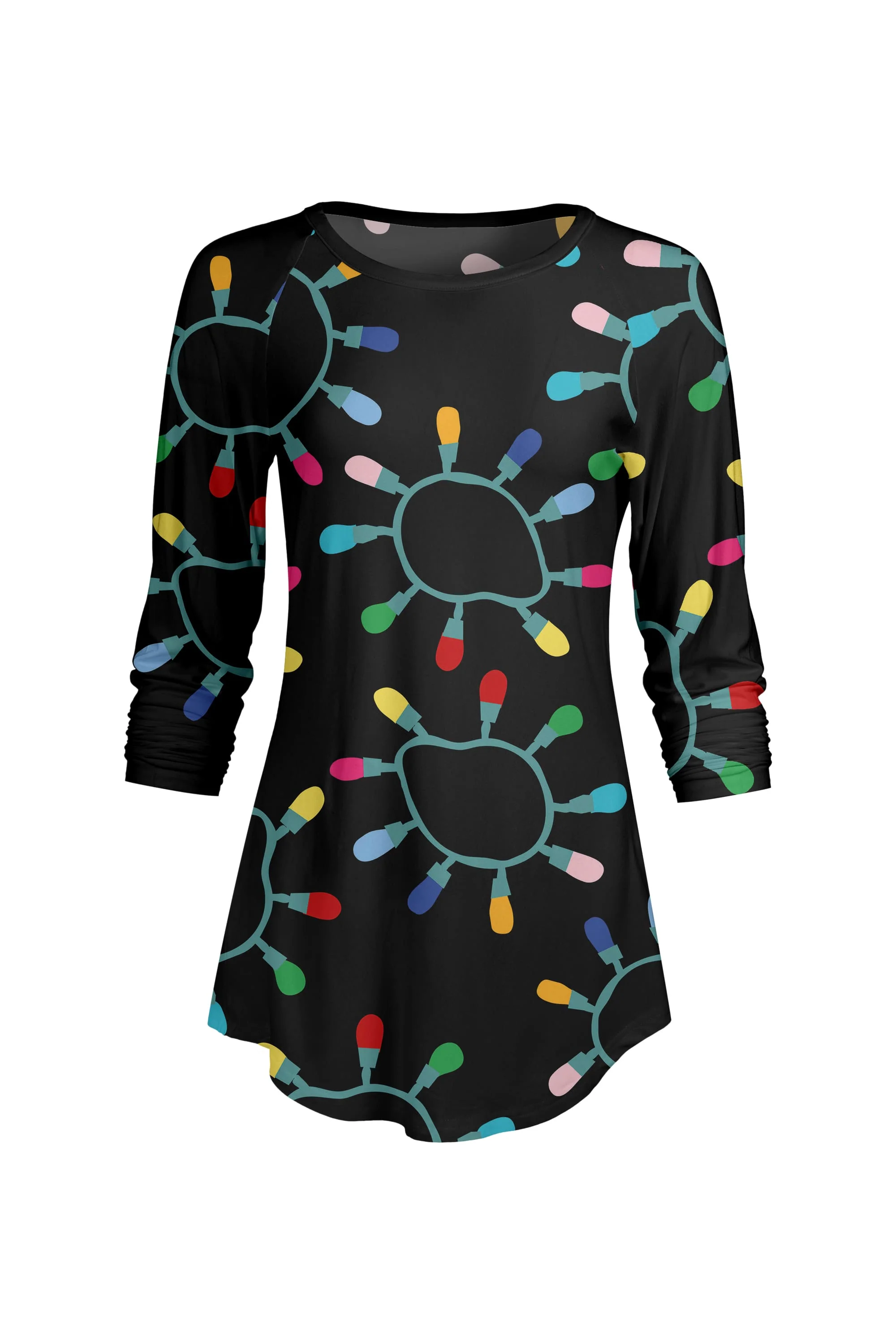 Lily by Firmiana Women’s ¾ Sleeve Scoop Neck Tunic Top Christmas Lights Print - Image 3