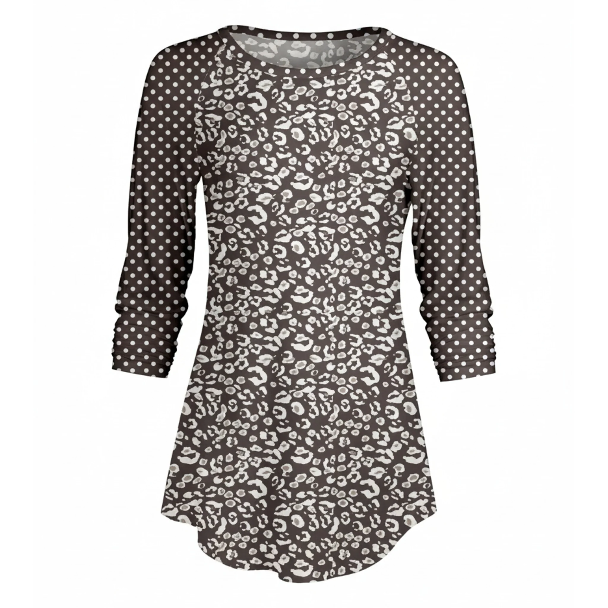 Lily by Firmiana Women’s ¾ Sleeve Scoop Neck Tunic Top Grey and White Leopard