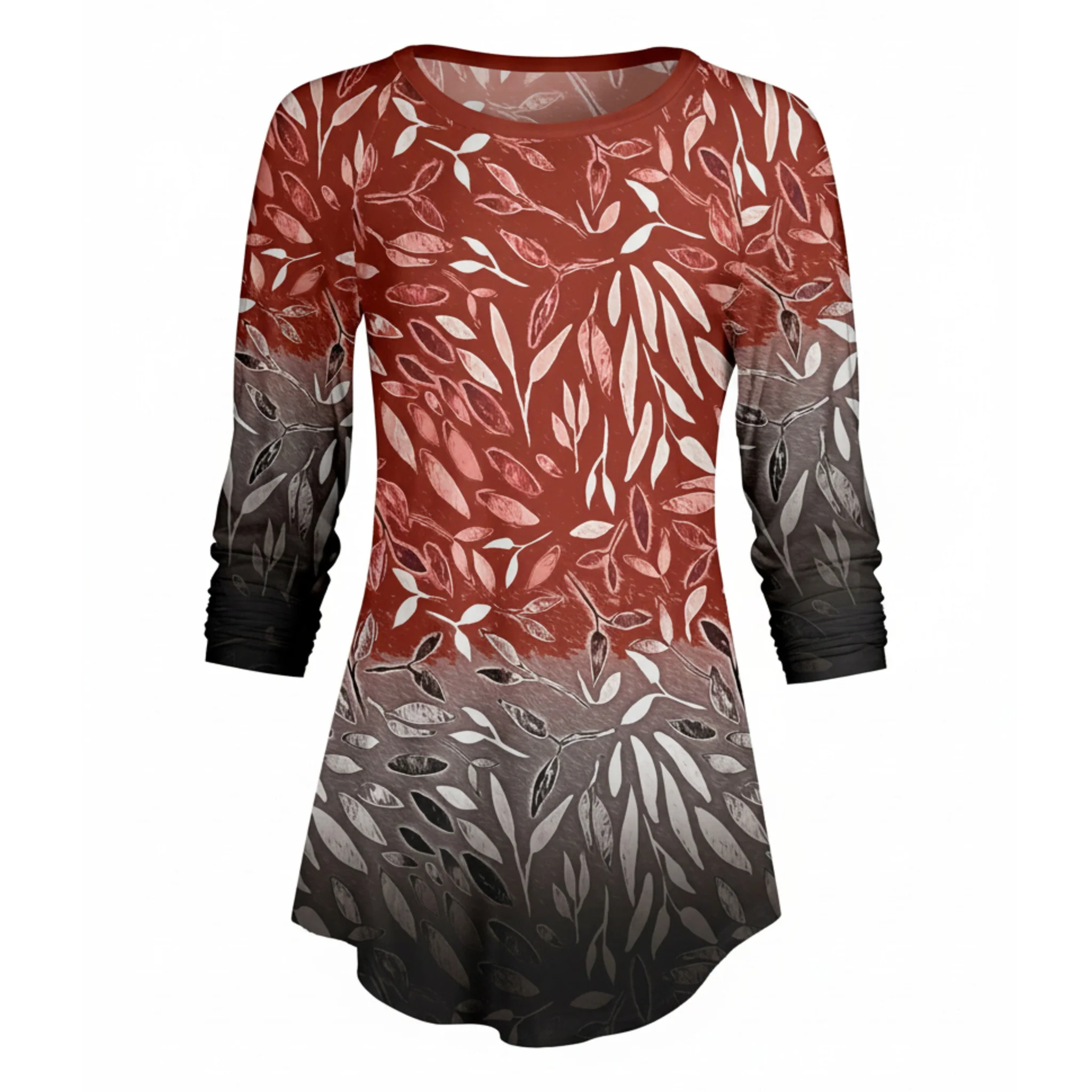 Lily by Firmiana Women’s ¾ Sleeve Scoop Neck Tunic Top Ombre Red Floral Fade