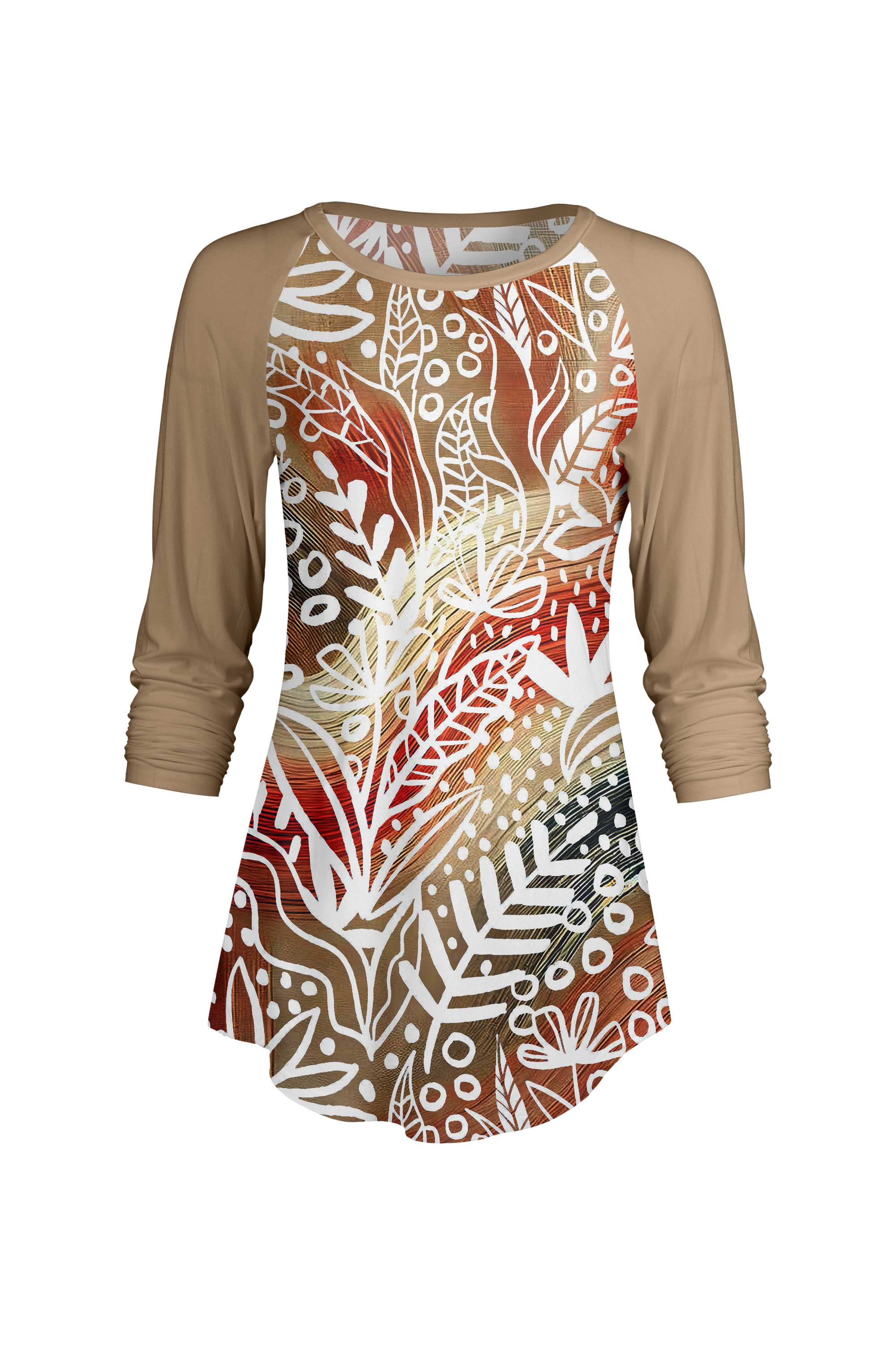 Lily by Firmiana Women’s ¾ Sleeve Scoop Neck Tunic Top Tan & Red Floral Vine Print - Image 2