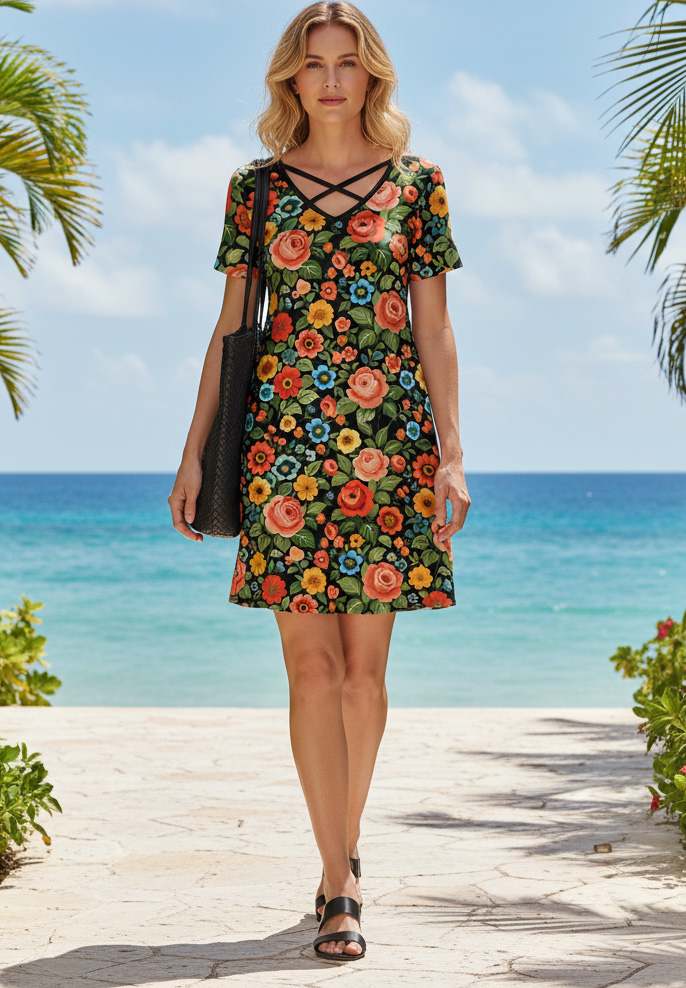 Lily by Firmiana Women’s Cap Sleeve Short Dress Women’s Apparel Black Orange Floral Print - Image 5