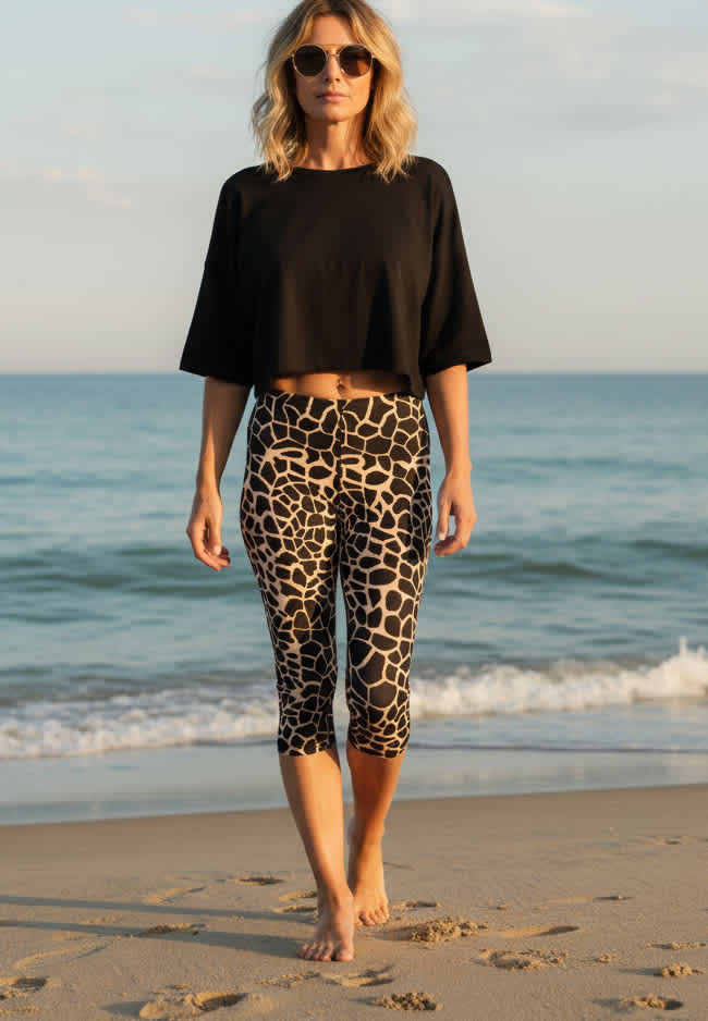 Lily by Firmiana Women’s Capri Leggings Women’s Apparel Black Tan Leopard Print - Image 2