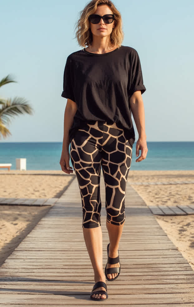 Lily by Firmiana Women’s Capri Leggings Women’s Apparel Brown Tan Giraffe Print - Image 2