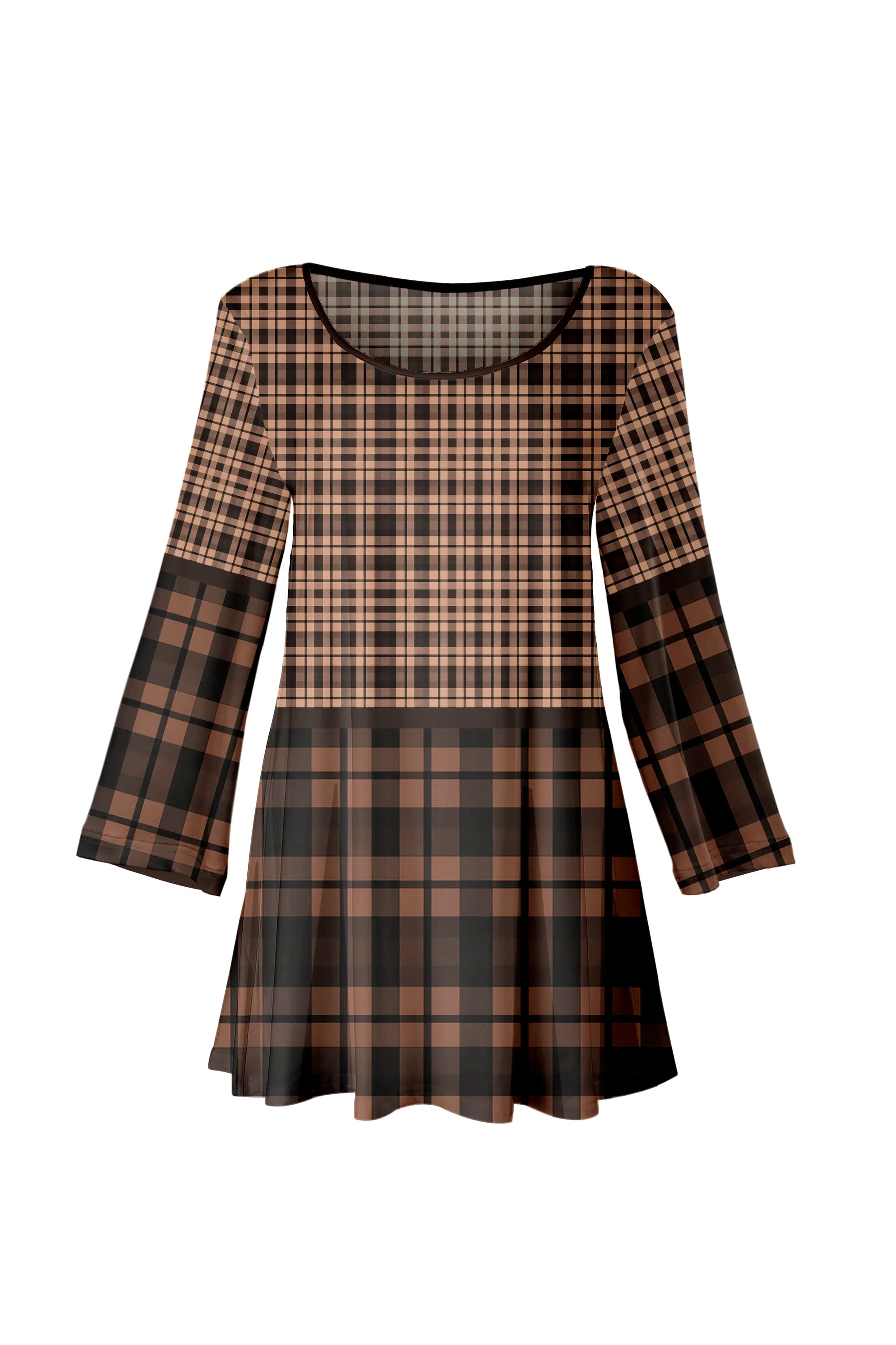 Lily by Firmiana Women’s Long Sleeve Scoop Neck Flared Hem Tunic Brown & Black Plaid Tunic - Image 2