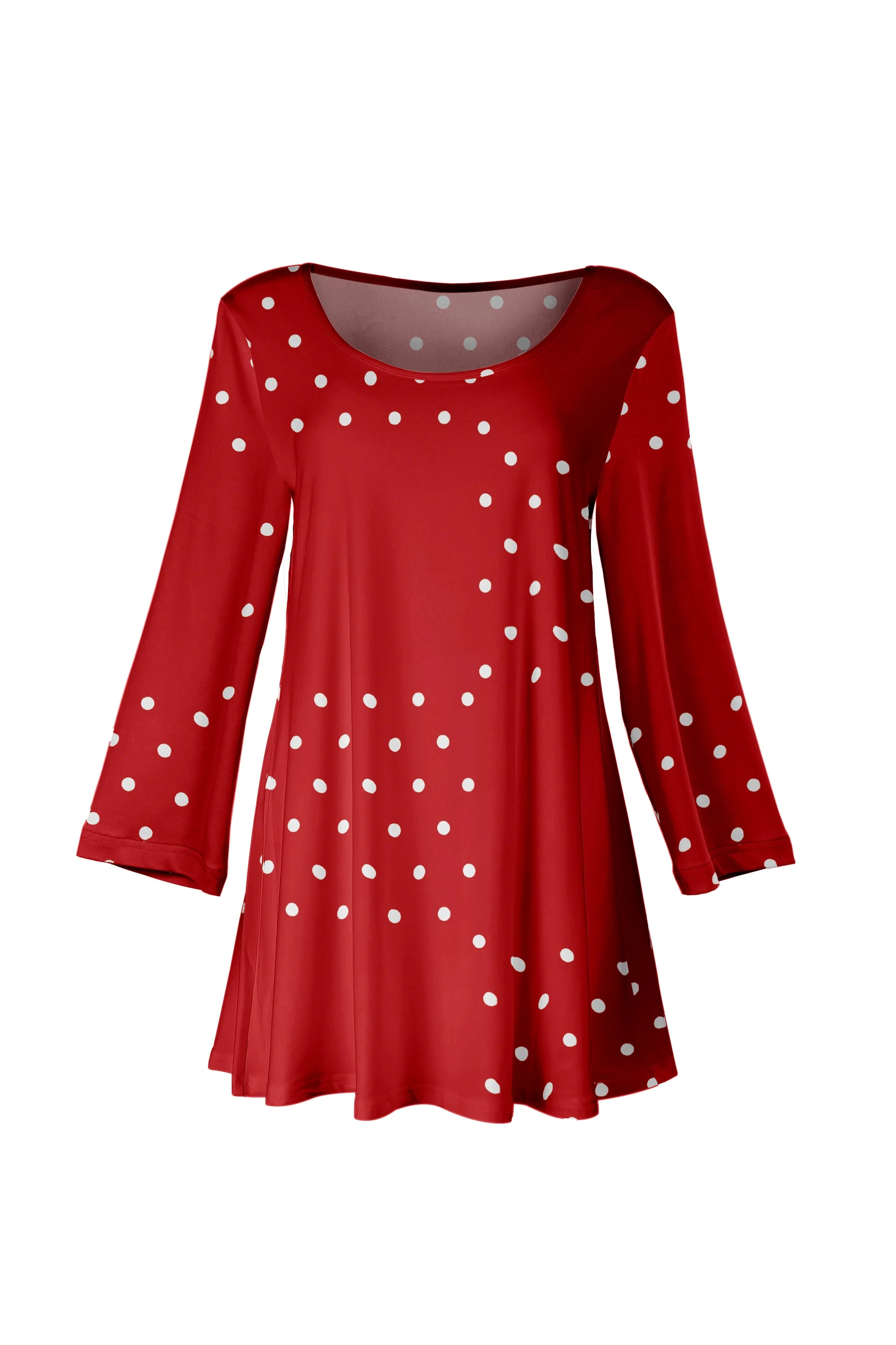 Lily by Firmiana Women’s Long Sleeve Scoop Neck Flared Hem Tunic Red & White Candy Cane Dot Print