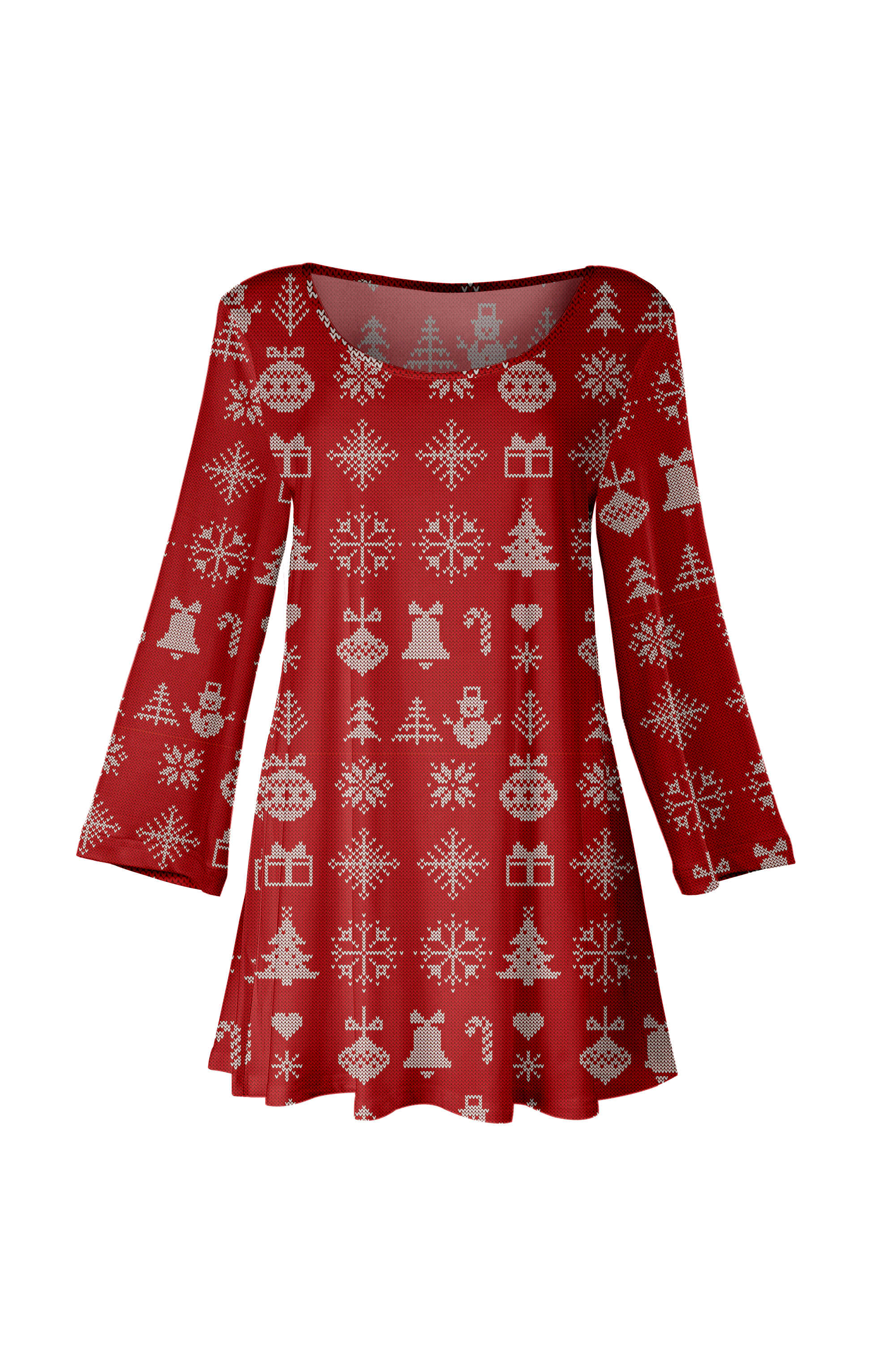 Lily by Firmiana Women’s Long Sleeve Scoop Neck Flared Hem Tunic Red Holiday Reindeer Fair Isle Print - Image 2
