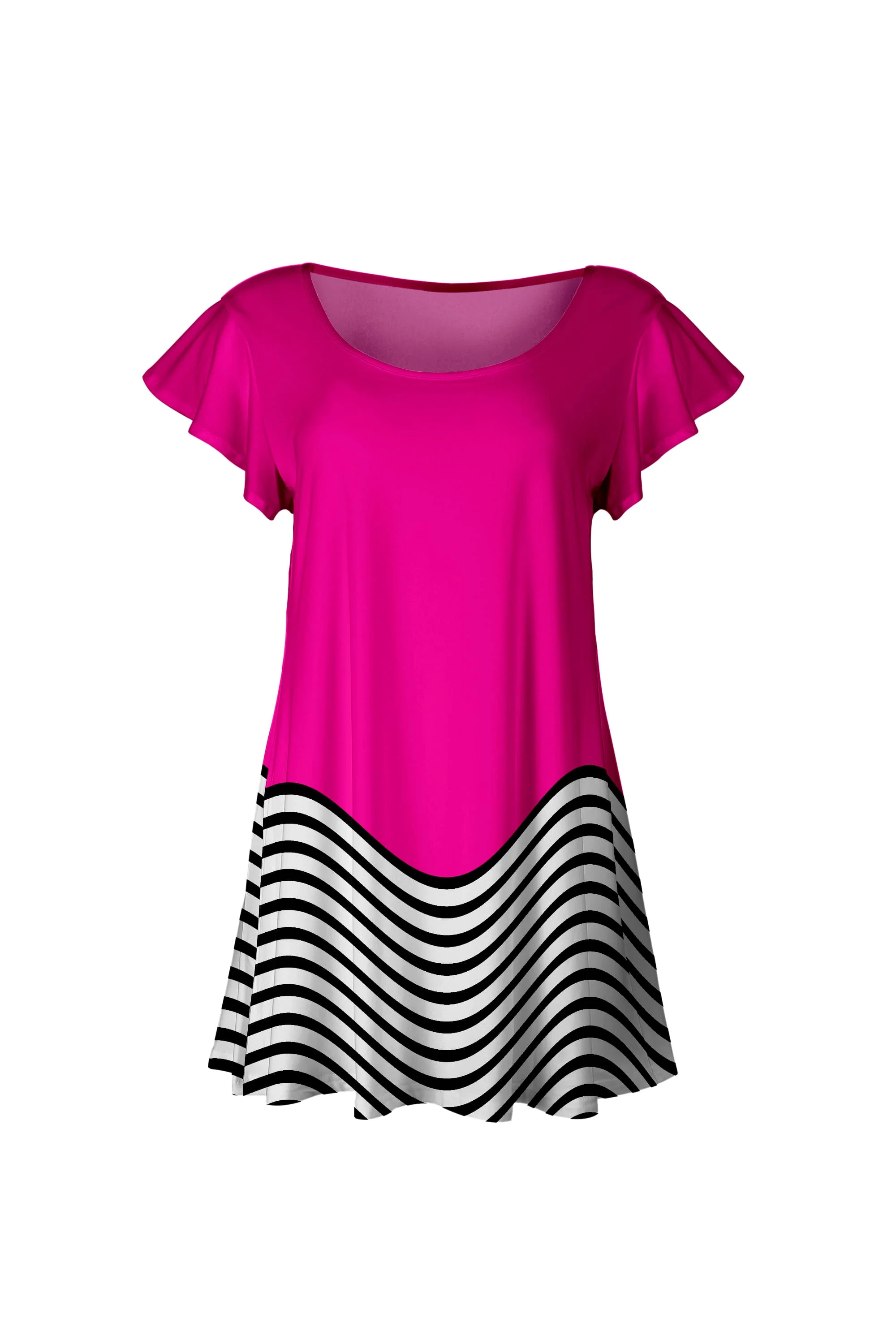 Lily by Firmiana Women’s Short Sleeve Flutter Hem Tunic Top Hot Pink & Black Chevron Hem - Image 2