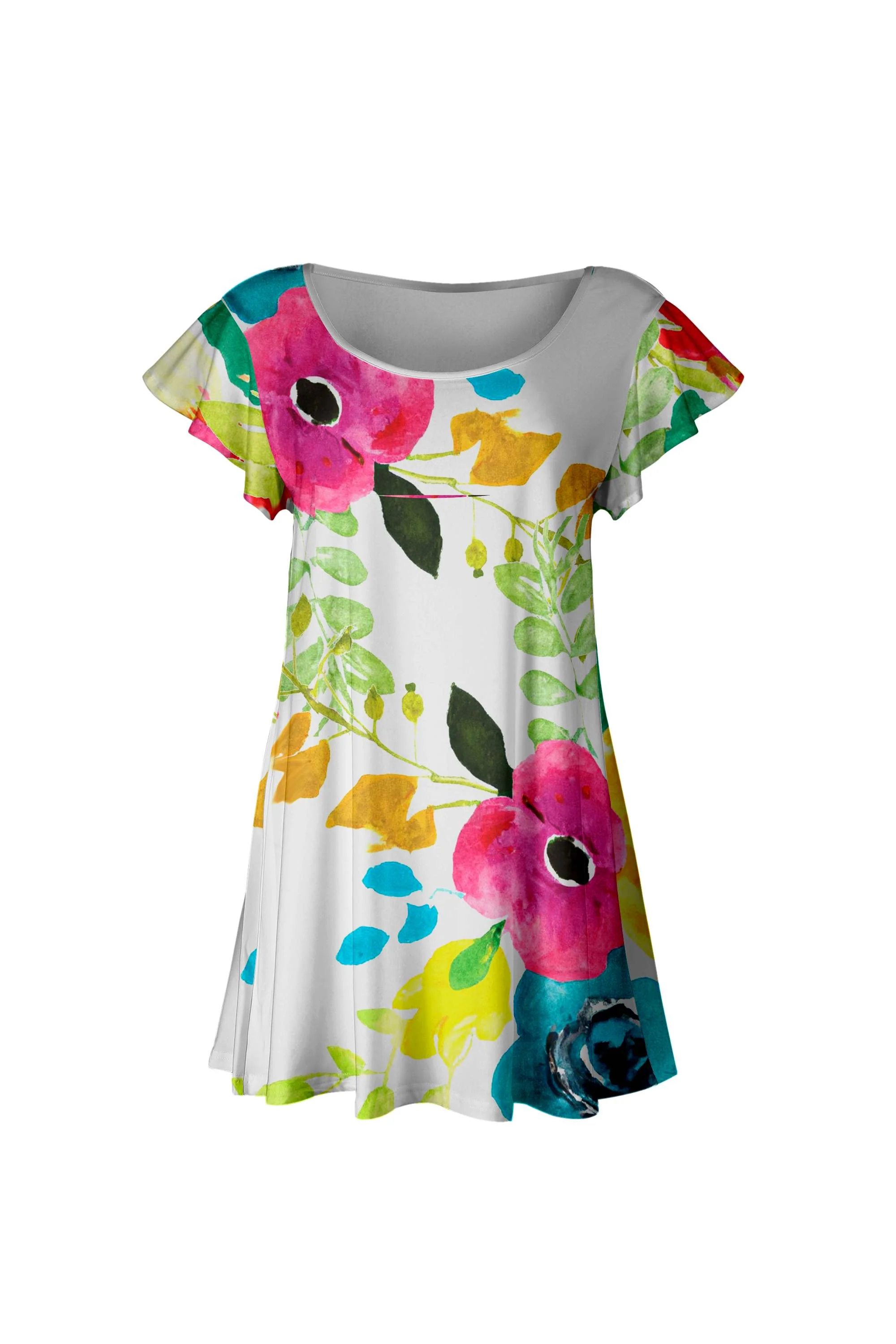 Lily by Firmiana Women’s Short Sleeve Flutter Hem Tunic Top White Floral Border Print - Image 2