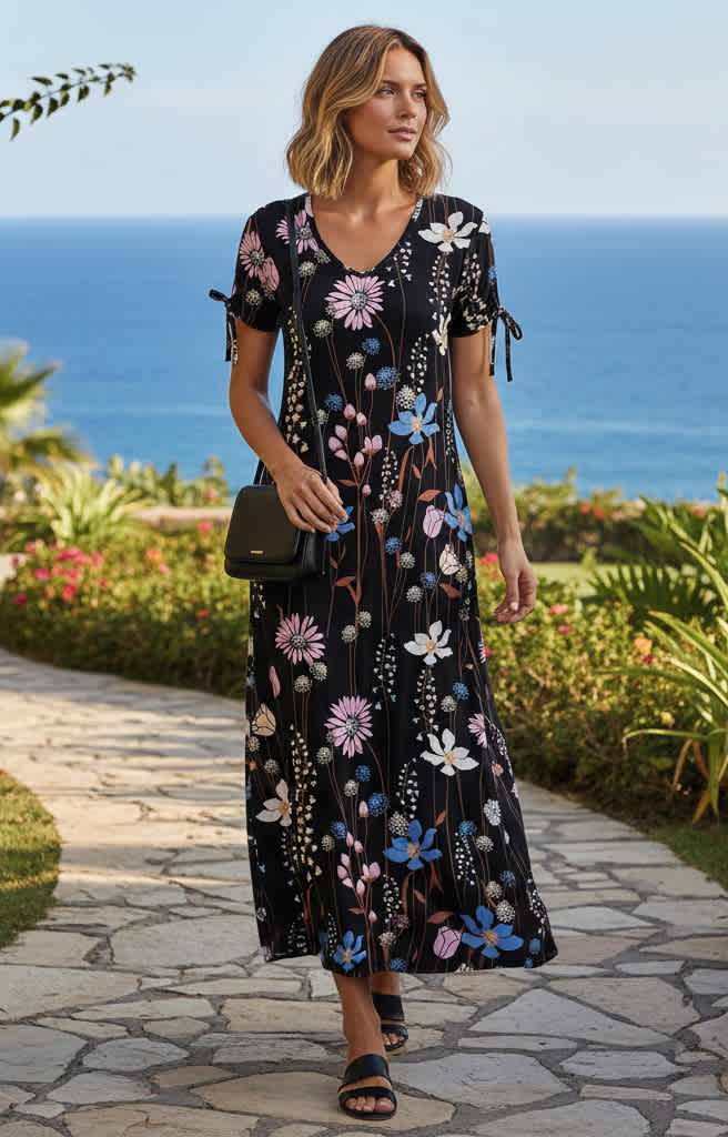 Lily by Firmiana Women’s Short Sleeve Maxi Dress Women’s Apparel Black Blue Floral Print - Image 7