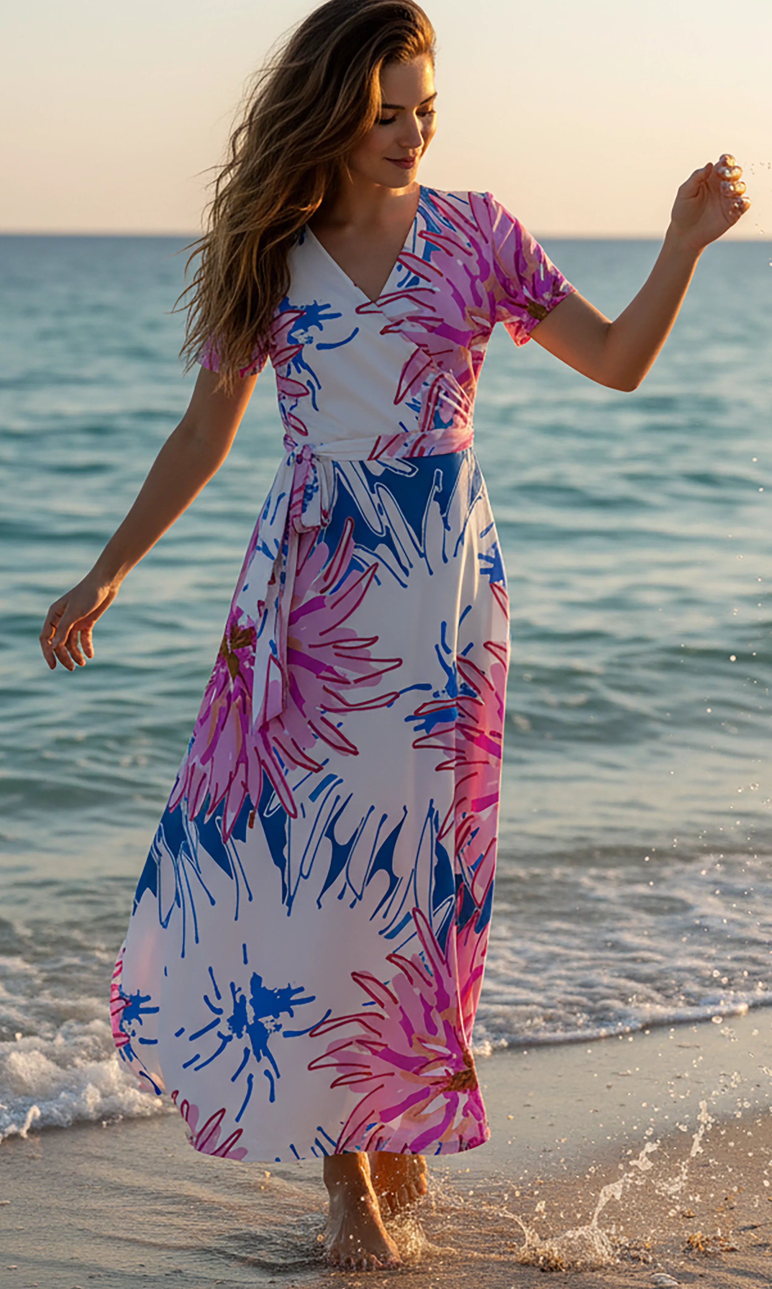 Lily by Firmiana Women’s Short Sleeve Maxi Dress Women’s Apparel Blue Pink Tropical Print - Image 3