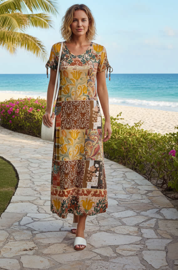 Lily by Firmiana Women’s Short Sleeve Maxi Dress Women’s Apparel Golden Multi Patchwork Floral - Image 3