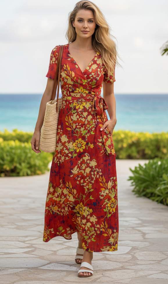 Lily by Firmiana Women’s Short Sleeve Maxi Dress Women’s Apparel Rust Brown Botanical Floral - Image 24