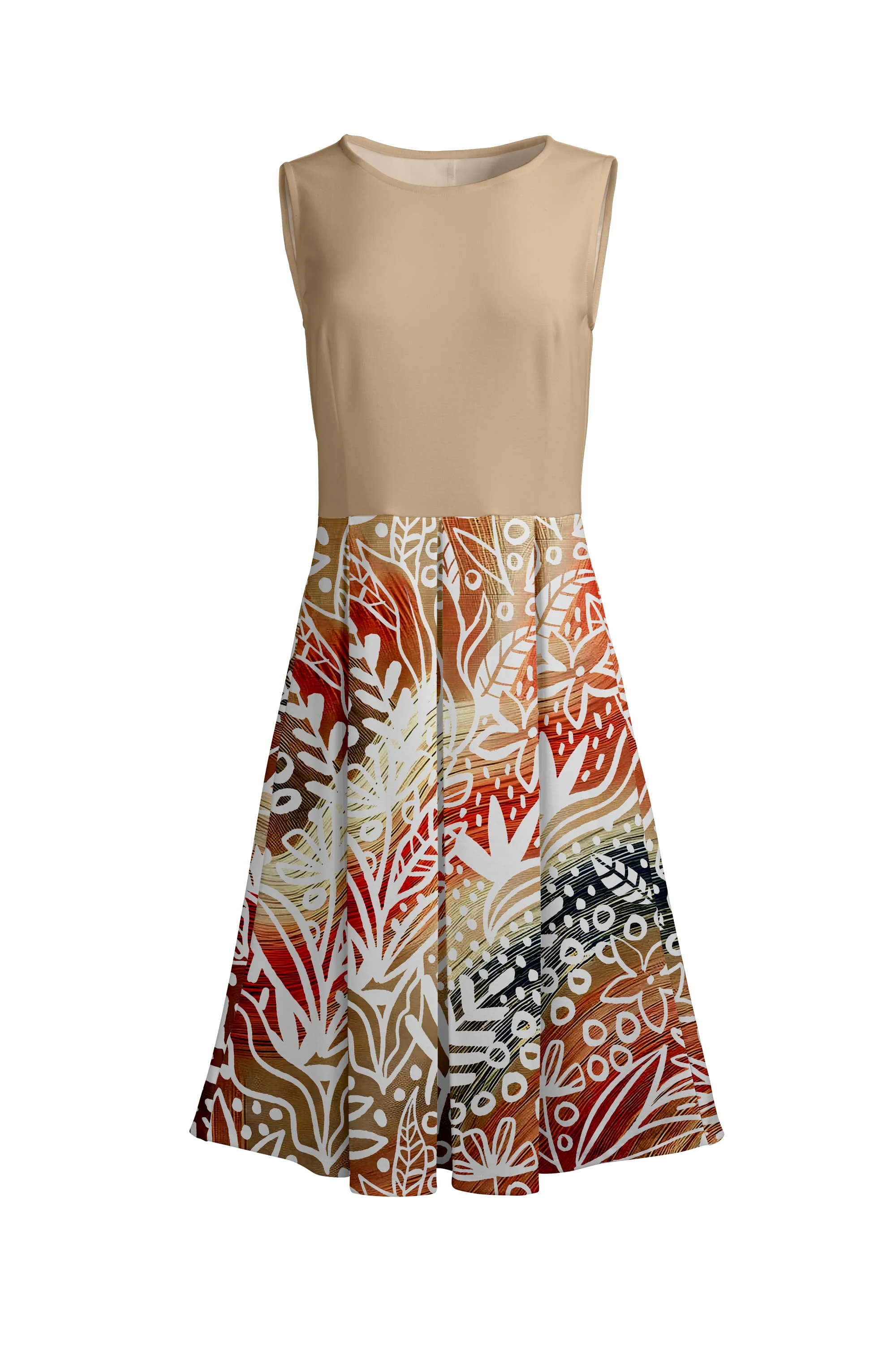 Lily by Firmiana Women’s Sleeveless Short Dress with Pleated Skirt Women’s Apparel Beige Brown Abstract Print - Image 3