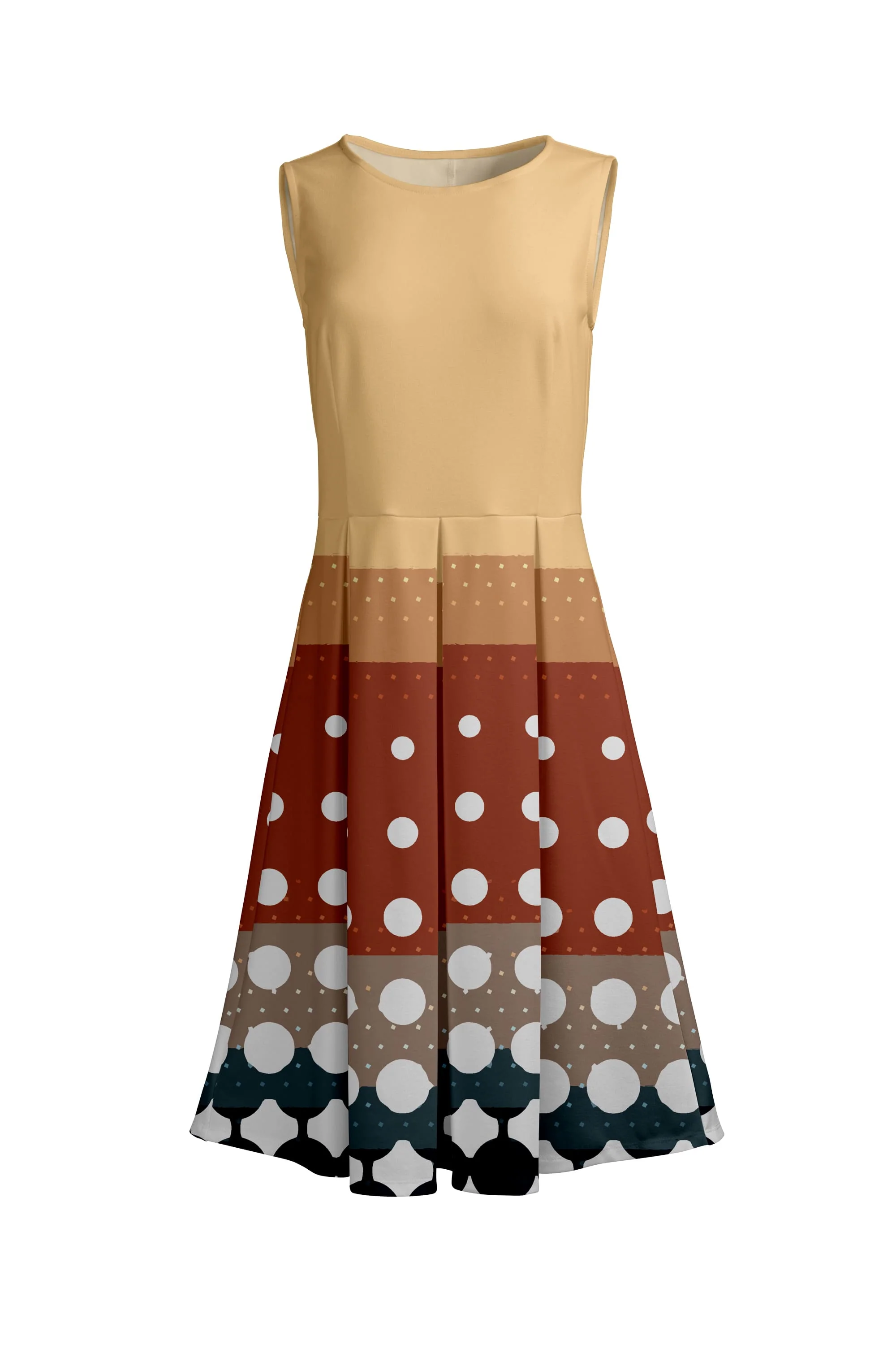 Lily by Firmiana Women’s Sleeveless Short Dress with Pleated Skirt Women’s Apparel Beige Rust Geometric Print