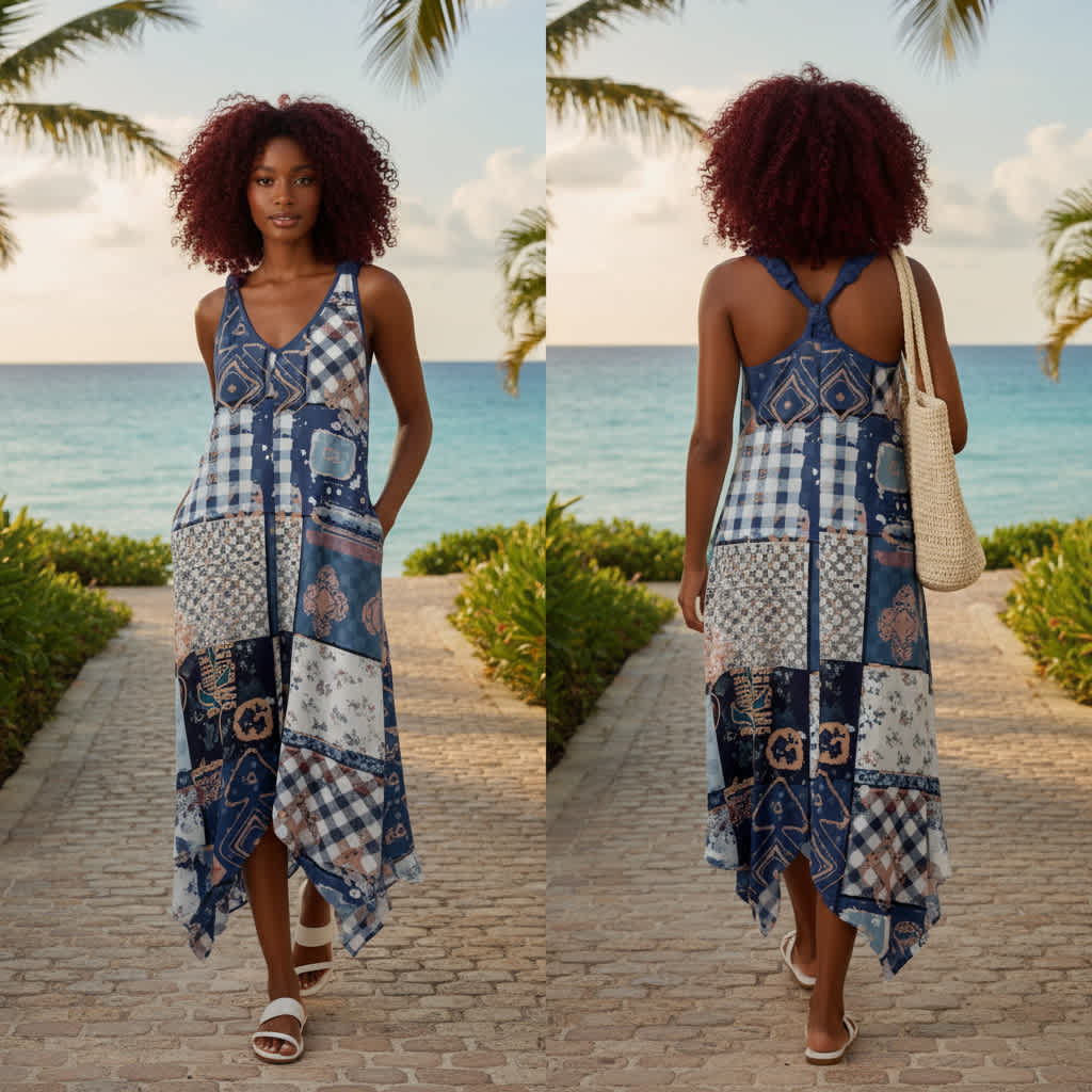 Lily by Firmiana Women’s Sleeveless V-Neck Handkerchief Hem Maxi Dress Women’s Apparel Blue Patchwork Print - Image 7