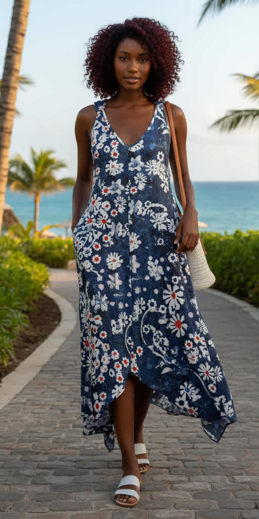 Lily by Firmiana Women’s Sleeveless V-Neck Handkerchief Hem Maxi Dress Women’s Apparel Navy White Floral Print - Image 6