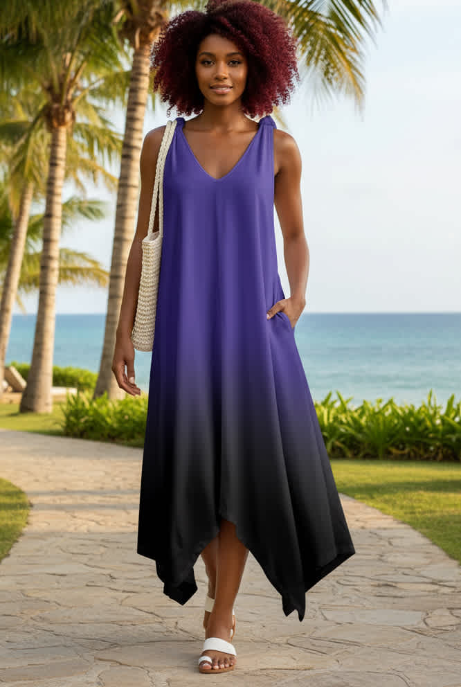 Lily by Firmiana Women’s Sleeveless V-Neck Handkerchief Hem Maxi Dress Women’s Apparel Purple Ombre Print - Image 3