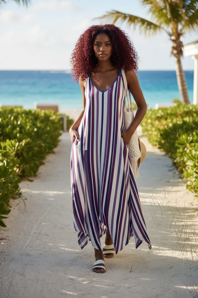 Lily by Firmiana Women’s Sleeveless V-Neck Handkerchief Hem Maxi Dress Women’s Apparel Purple White Vertical Stripe Print - Image 3