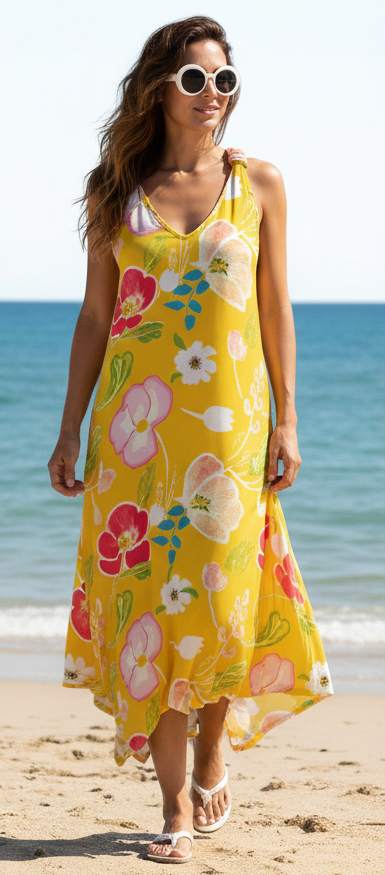 Lily by Firmiana Women’s Sleeveless V-Neck Handkerchief Hem Maxi Dress Women’s Apparel Yellow Pink Floral Print - Image 6