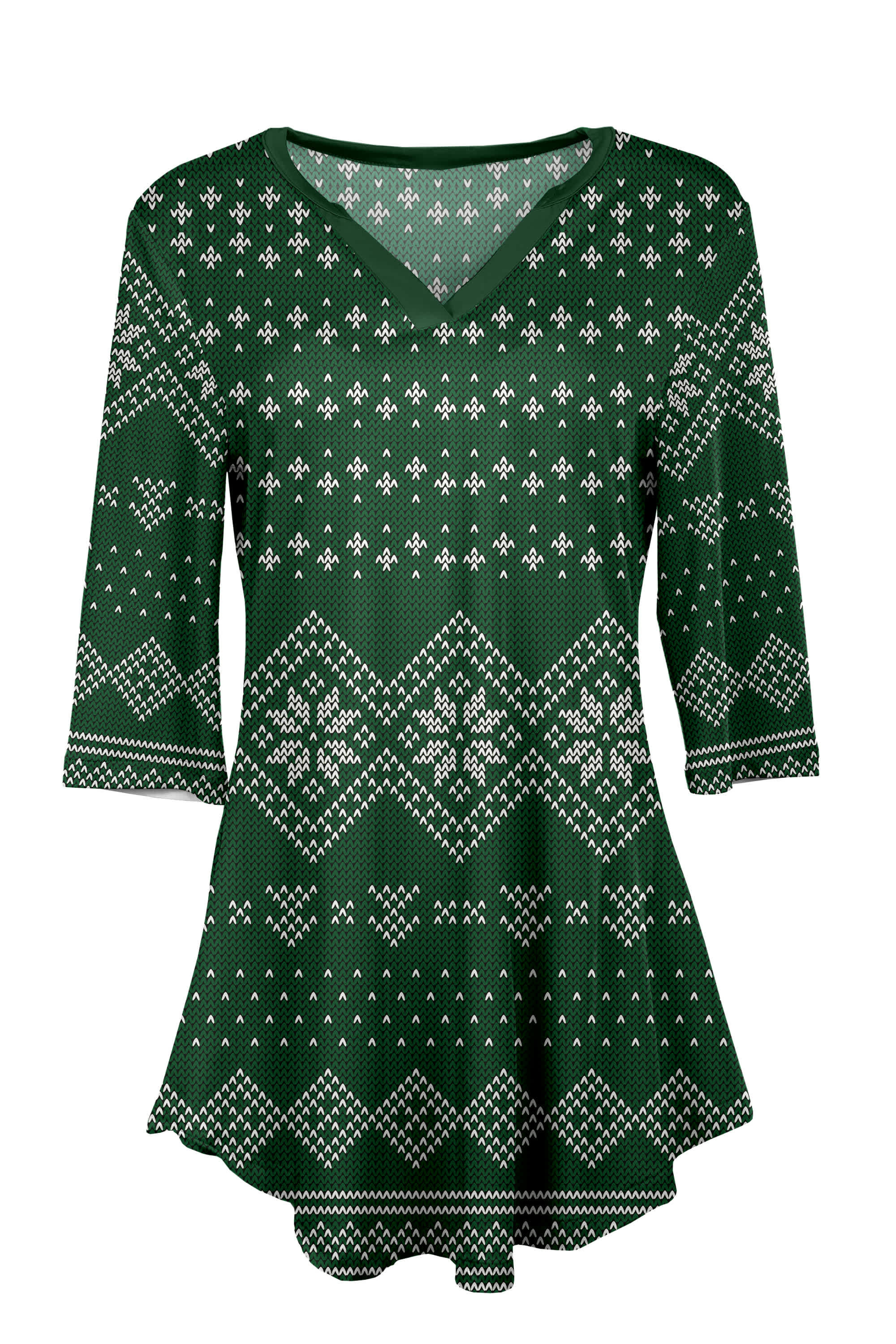Lily by Firmiana Women's 3/4 Sleeve Notch Neck Tunic Emerald Fair Isle Holiday Sweater Print - Image 3