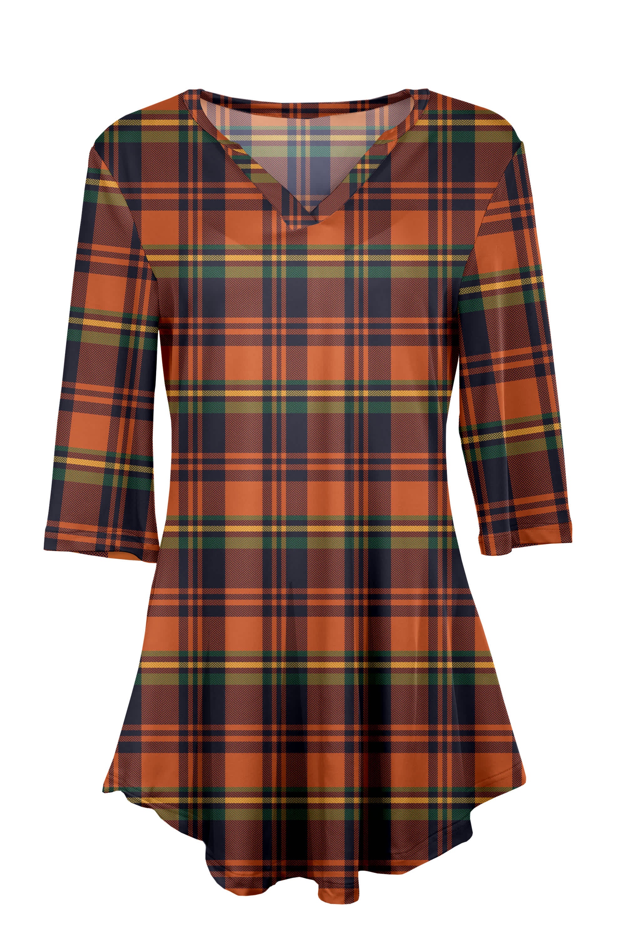 Lily by Firmiana Women's 3/4 Sleeve Notch Neck Tunic Orange & Brown Autumn Plaid Print - Image 3