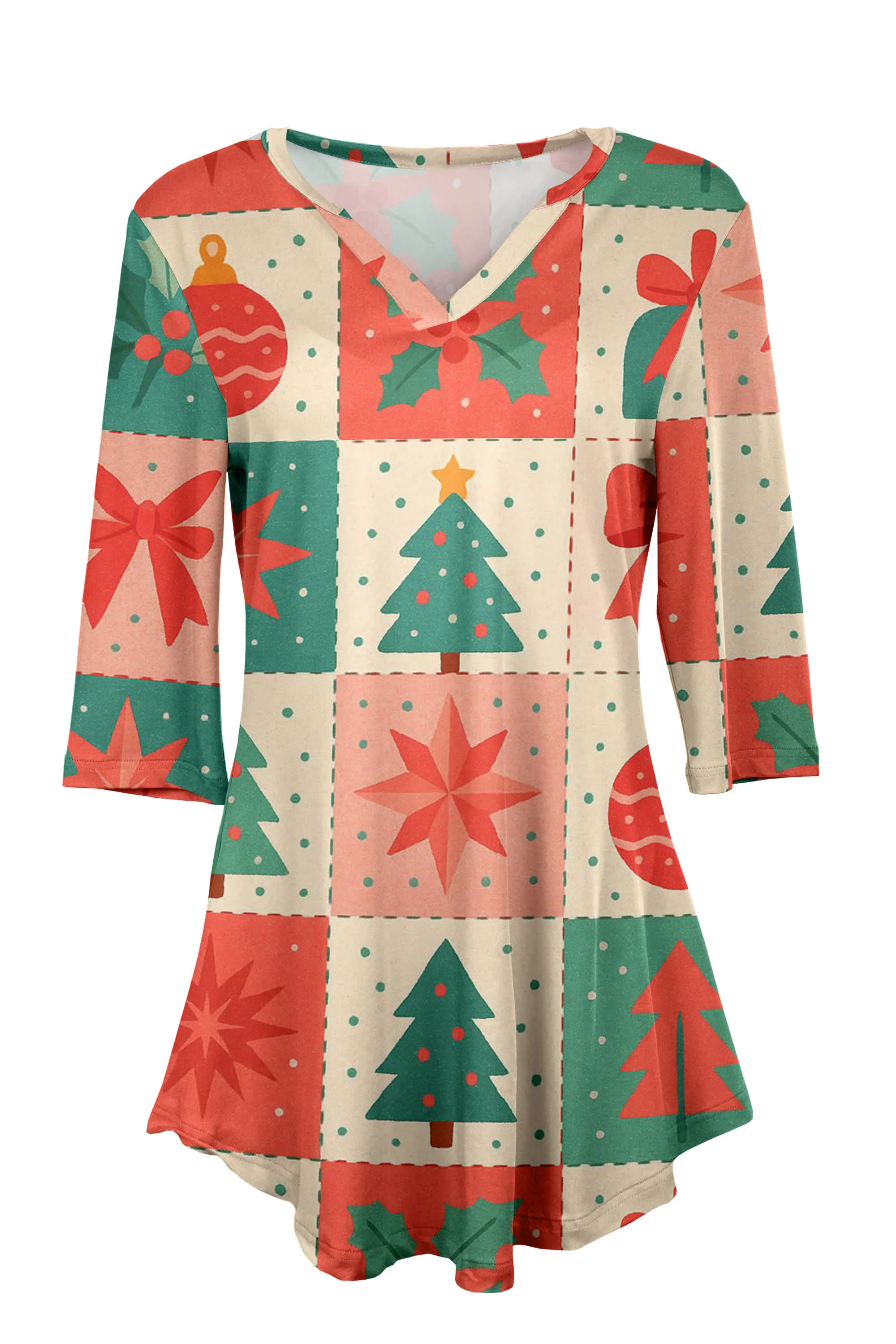 Lily by Firmiana Women's 3/4 Sleeve Notch Neck Tunic Red & Green Christmas Patchwork Print - Image 3