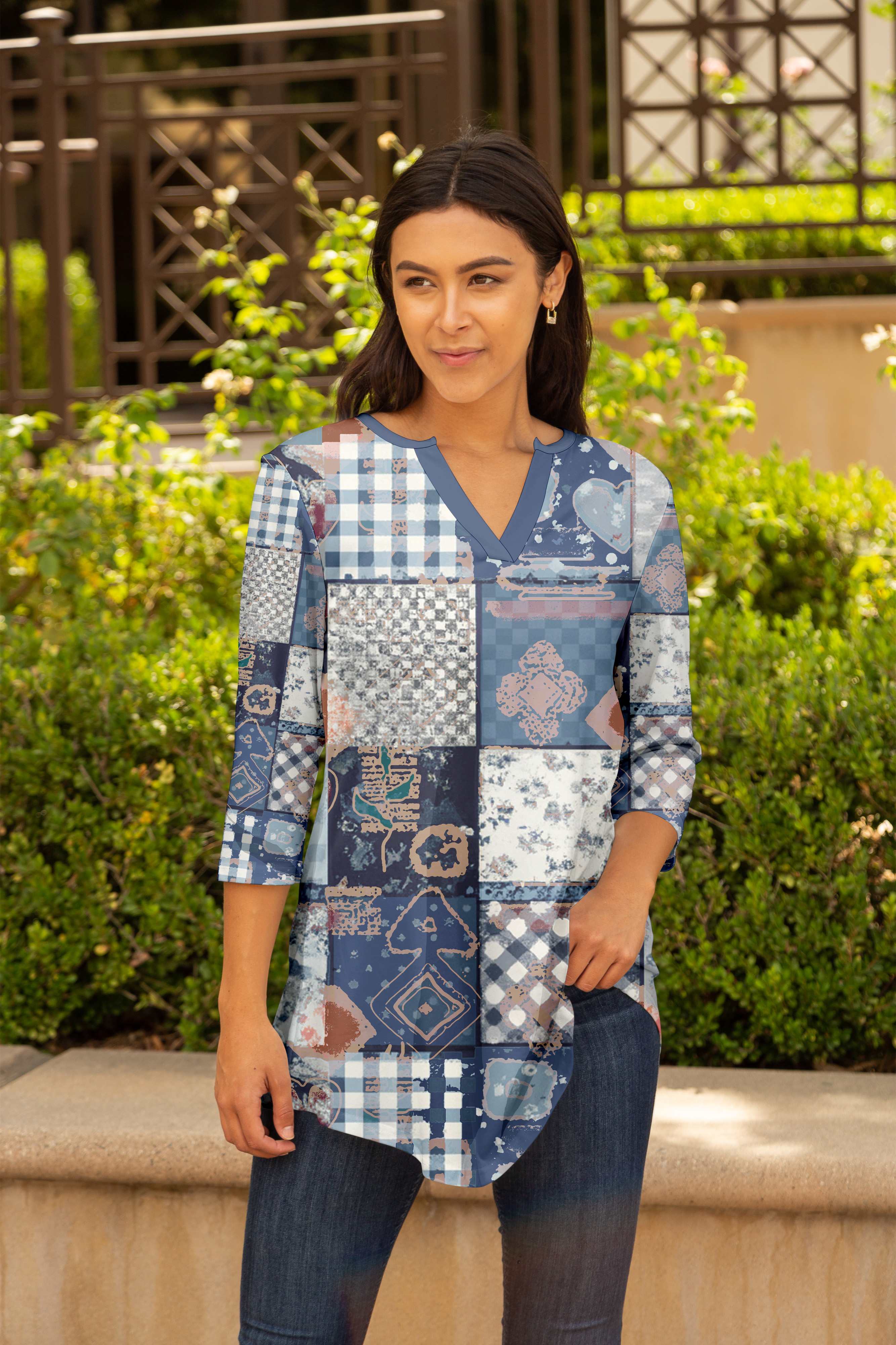 Lily by Firmiana Women's 3/4 Sleeve Notch Neck Tunic Blue Patchwork - Image 2