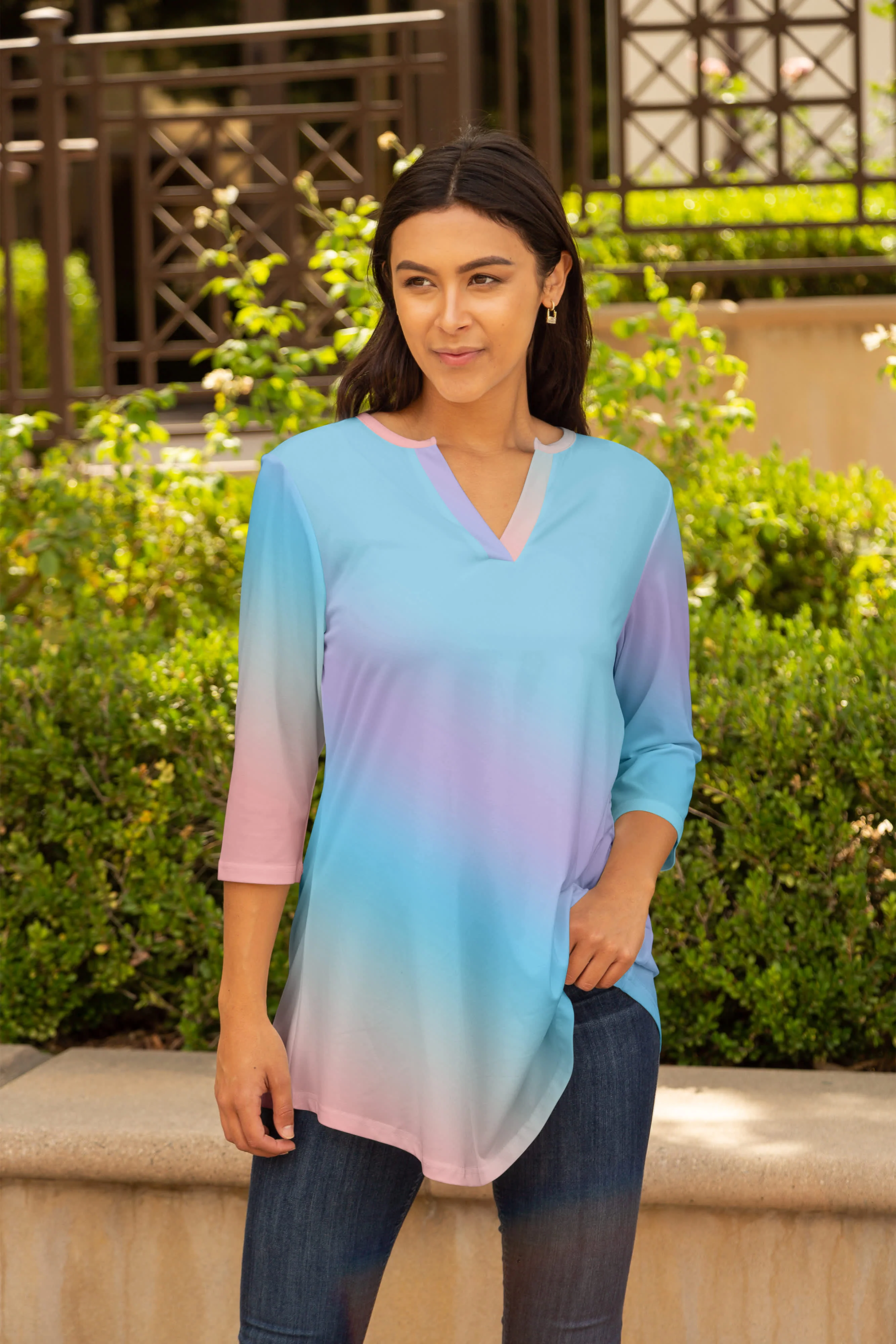 Lily by Firmiana Women's 3/4 Sleeve Notch Neck Tunic Blue Patchwork - Image 36