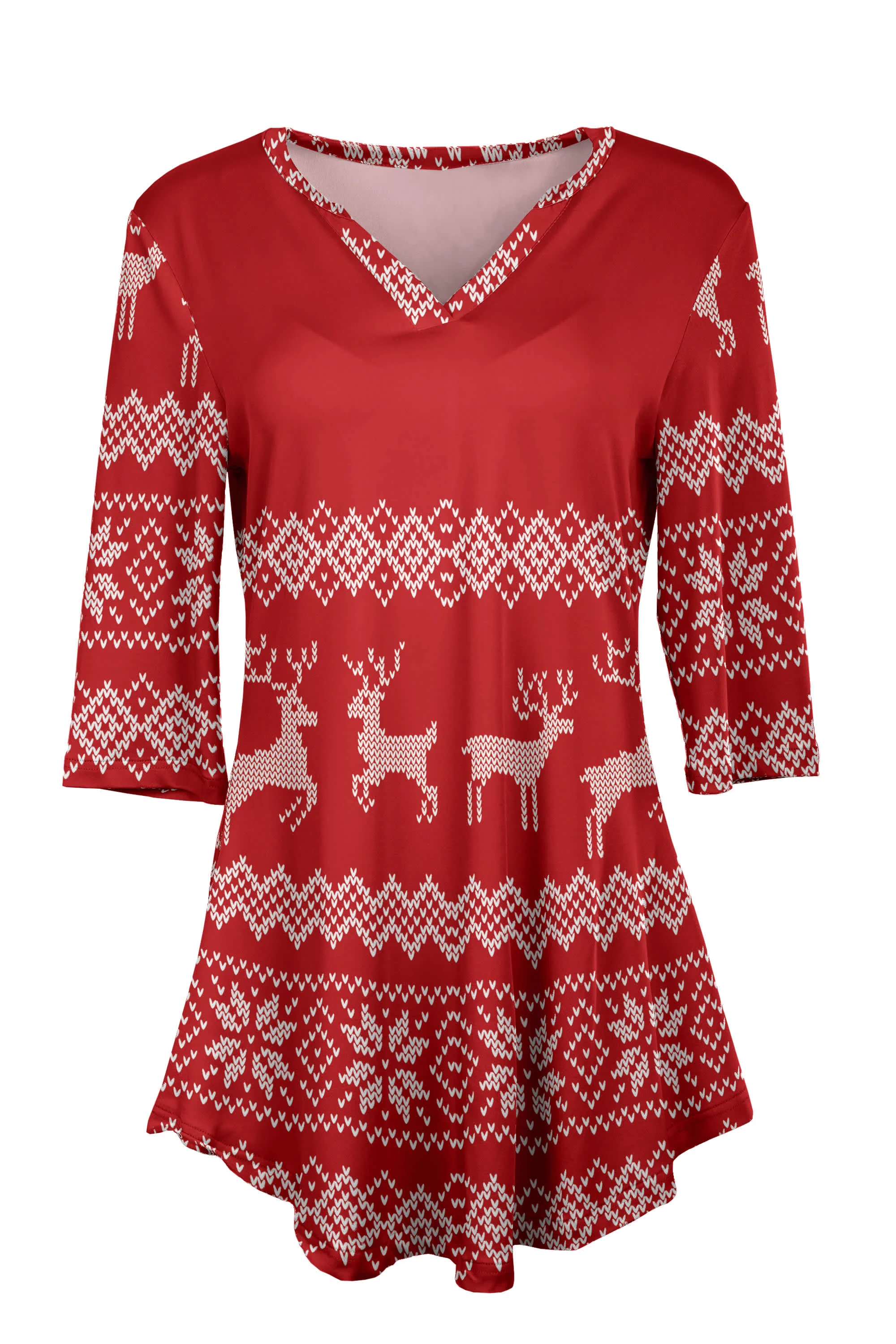 Lily by Firmiana Women's 3/4 Sleeve Notch Neck Tunic Red and White Christmas Sweater Print - Image 2