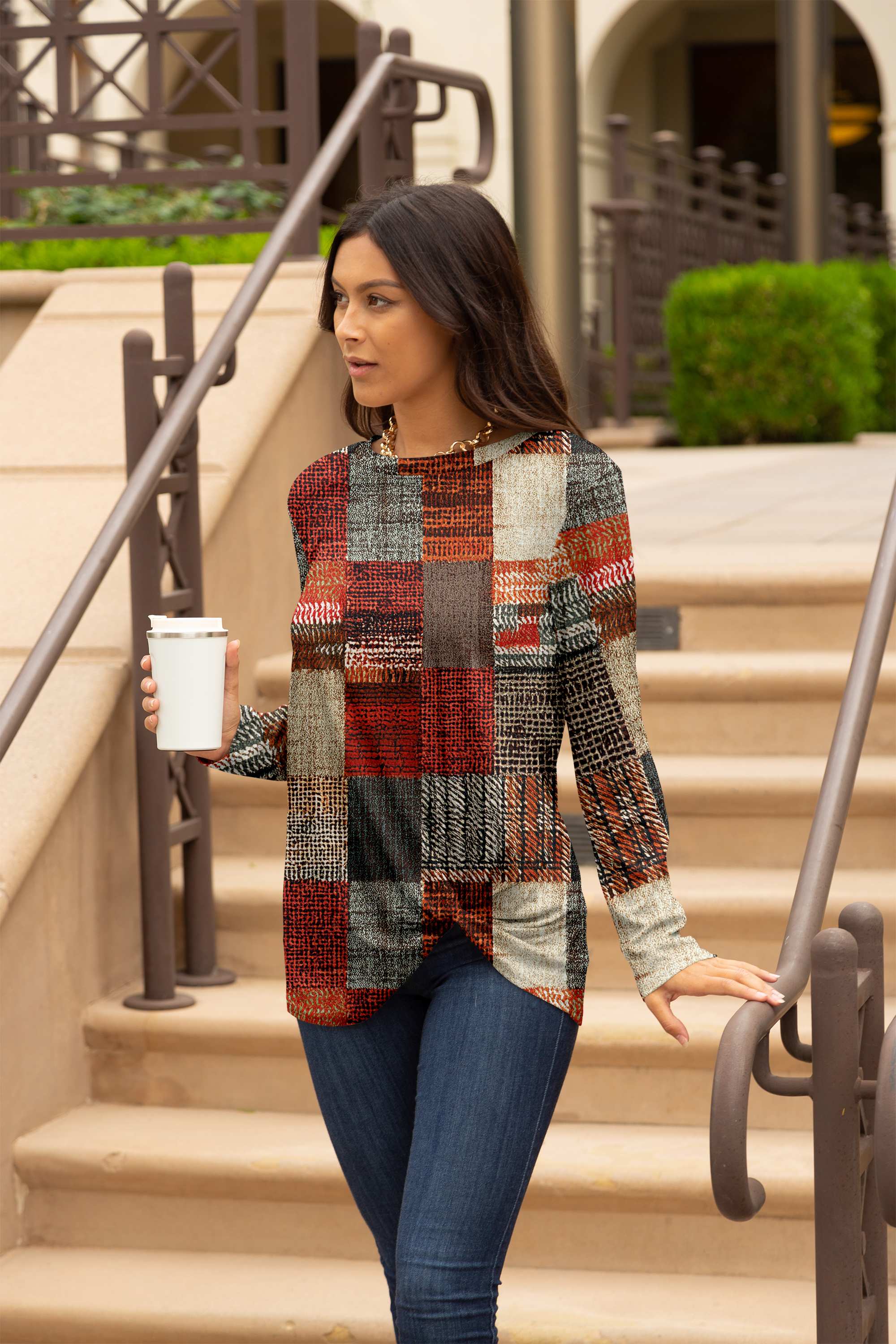 Lily by Firmiana Women's Long Sleeve Round Neck Tunic with Twist Front Hem Autumn Patchwork Plaid Print - Image 2