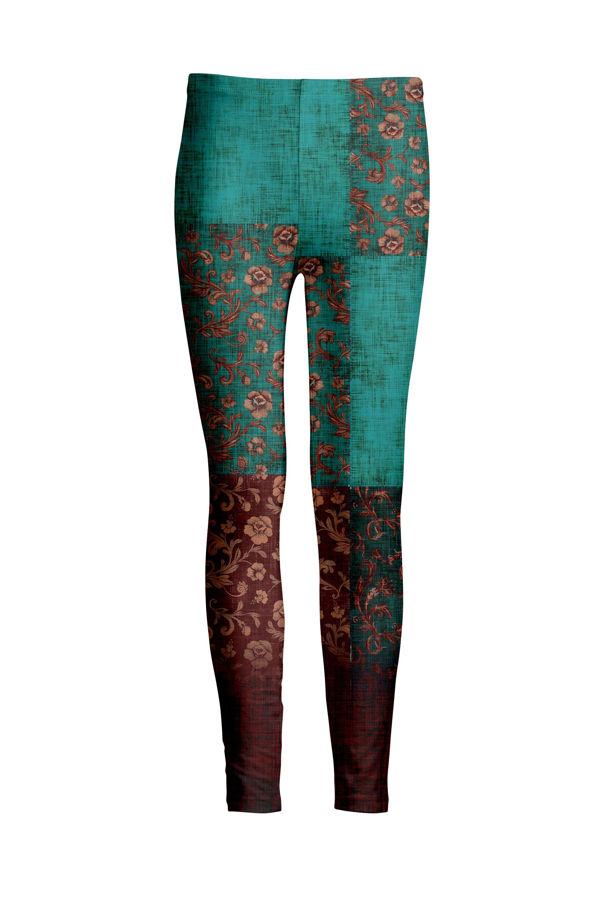 Lily by Firmiana Women's Medium Rise Leggings Brown and Turquoise Patchwork