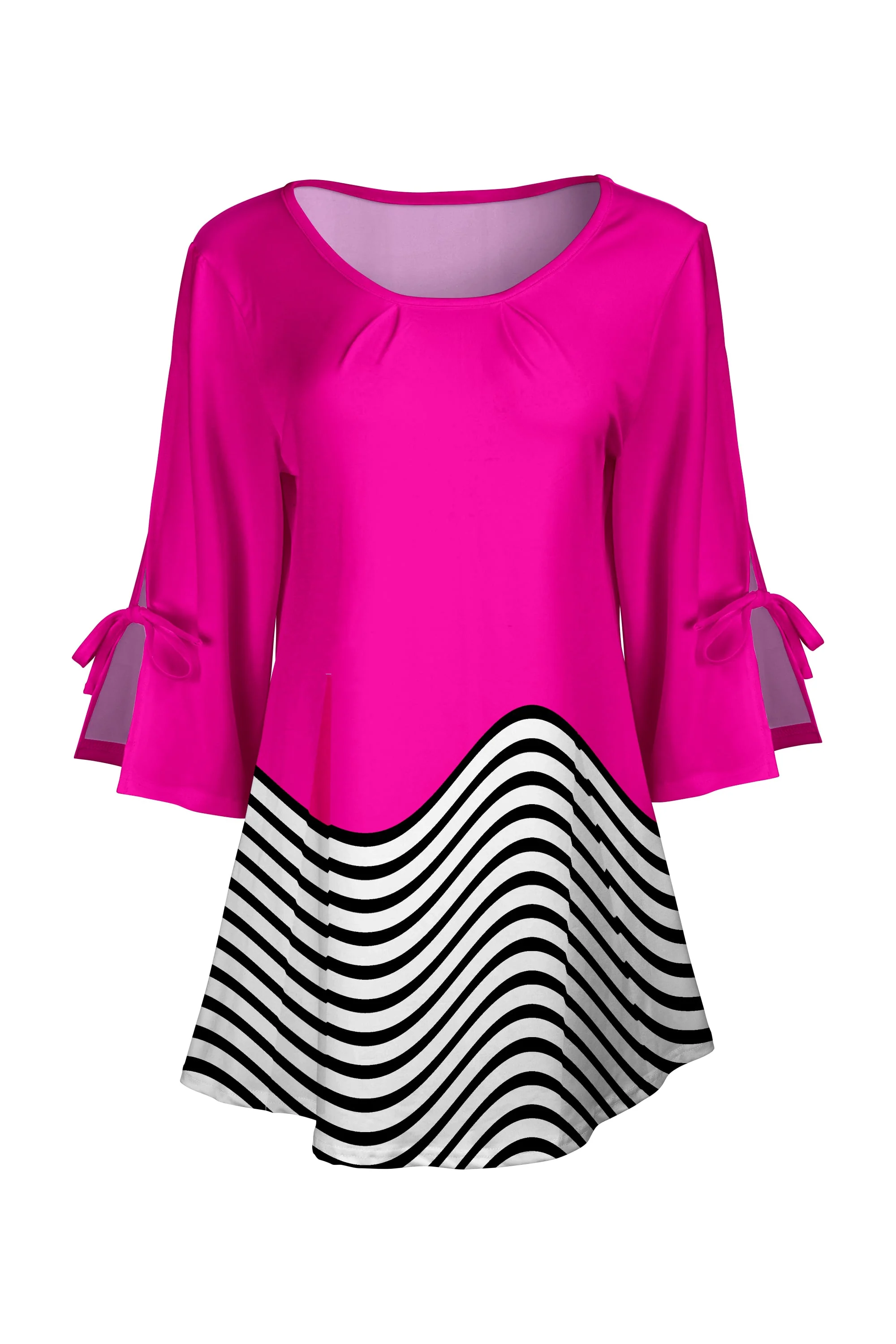 Lily by Firmiana Women's Round Neck Tunic with Split Hem ¾ Sleeves and Tie Detail Black & Fuchsia Colorblock Stripe - Image 3