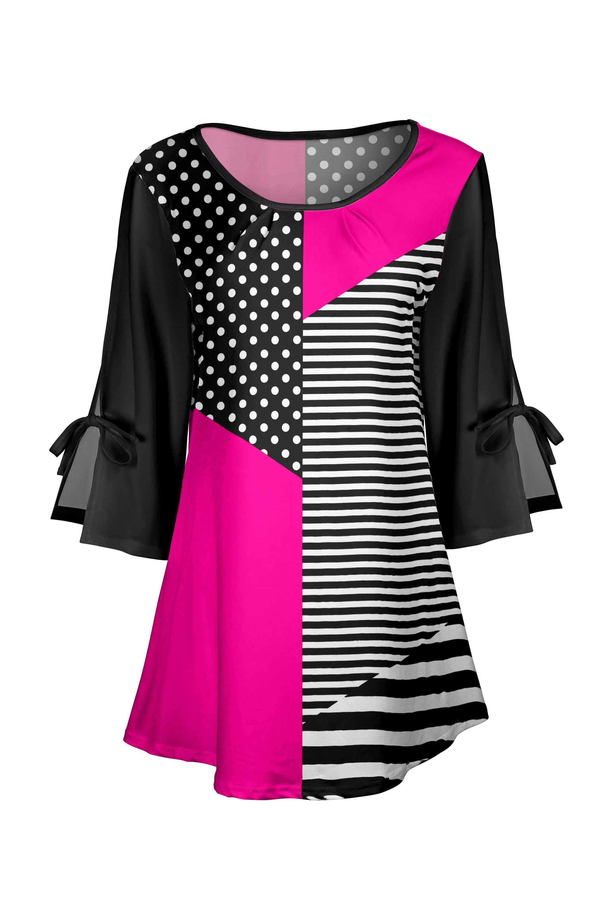 Lily by Firmiana Women's Round Neck Tunic with Split Hem ¾ Sleeves and Tie Detail Black & White Horizontal Stripe - Image 22