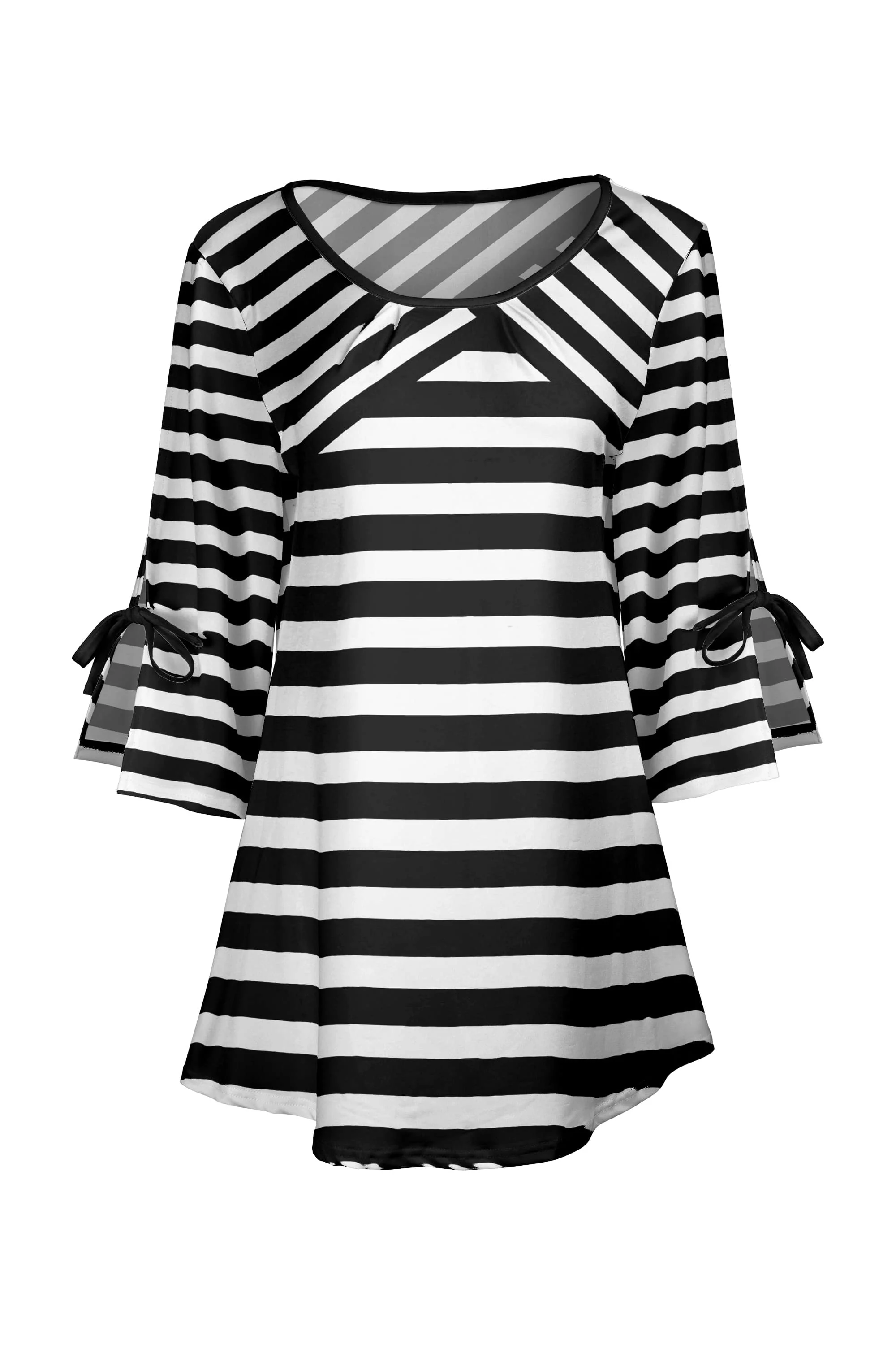Lily by Firmiana Women's Round Neck Tunic with Split Hem ¾ Sleeves and Tie Detail Black & White Horizontal Stripe - Image 7
