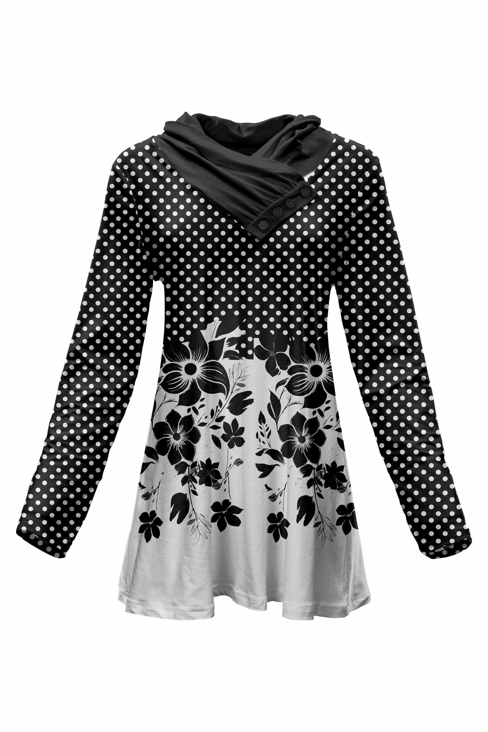 Lily by Firmiana Women's Shawl Neck Tunic with 4-Button Placket and Long Sleeves Black and White Floral Polka Dot - Image 3