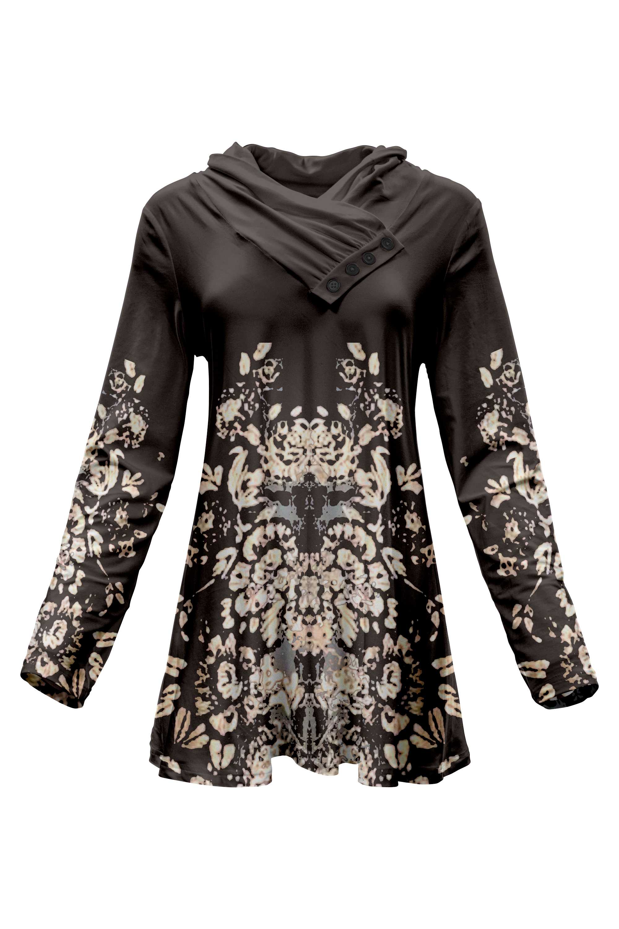 Lily by Firmiana Women's Shawl Neck Tunic with 4-Button Placket and Long Sleeves Champagne and Black Geometric - Image 2