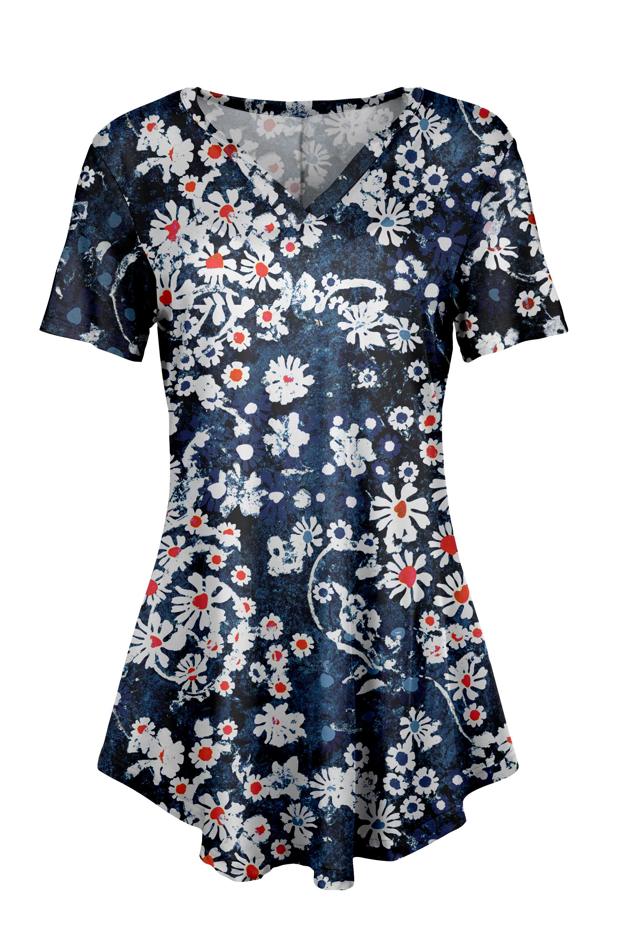 Lily by Firmiana Women's Short Sleeve Notch Neck Tunic Navy Blue and White Daisy - Image 3