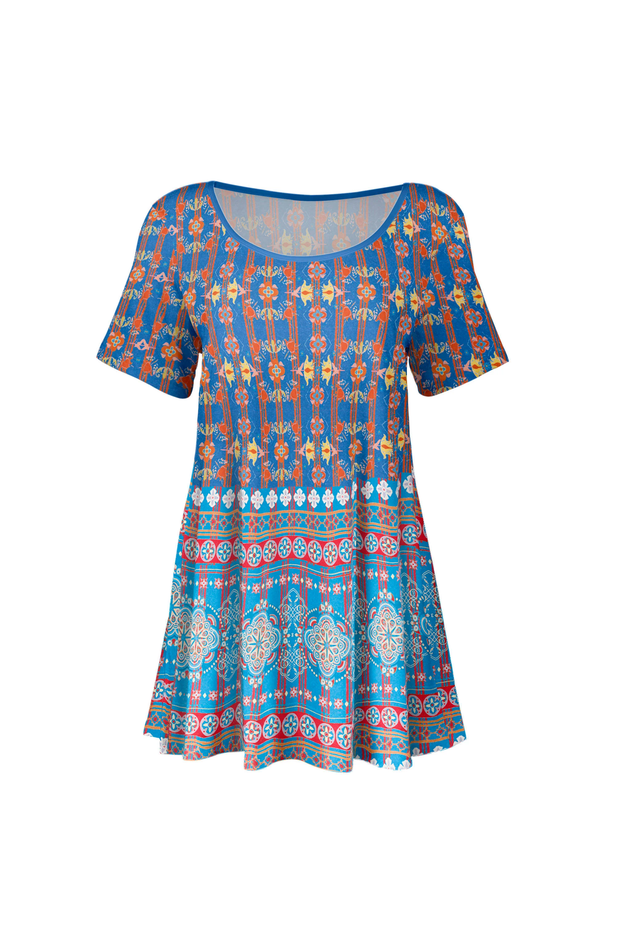 Lily by Firmiana Women's Short Sleeve Round Neck Tunic Multicolor Paint Blue - Image 2