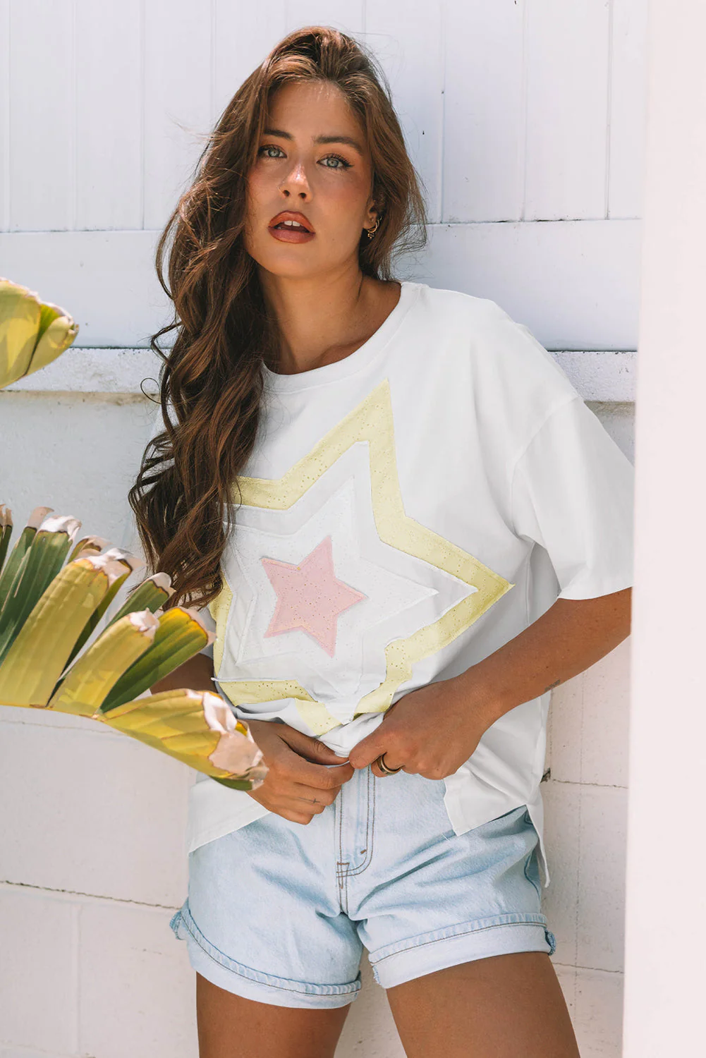 Threaded Pear Lisa Layered Star Patched Half Sleeve Loose Top - Image 4