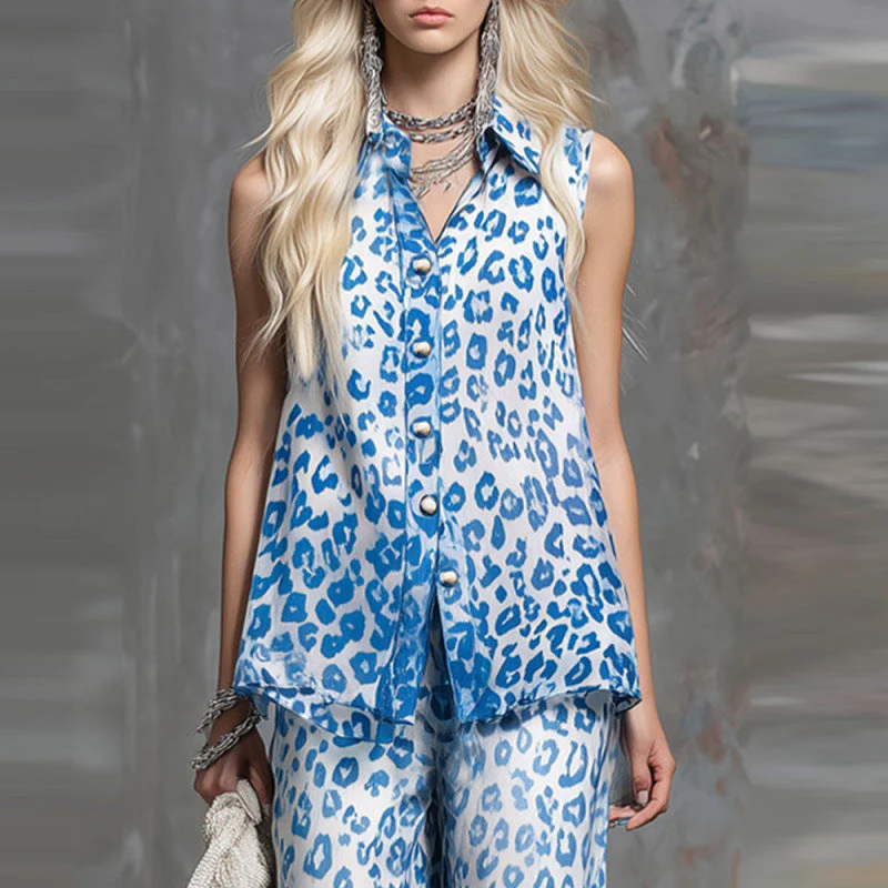 Loose-fit Leopard-print Sleeveless Shirt And Trousers Two-piece Set - Image 3