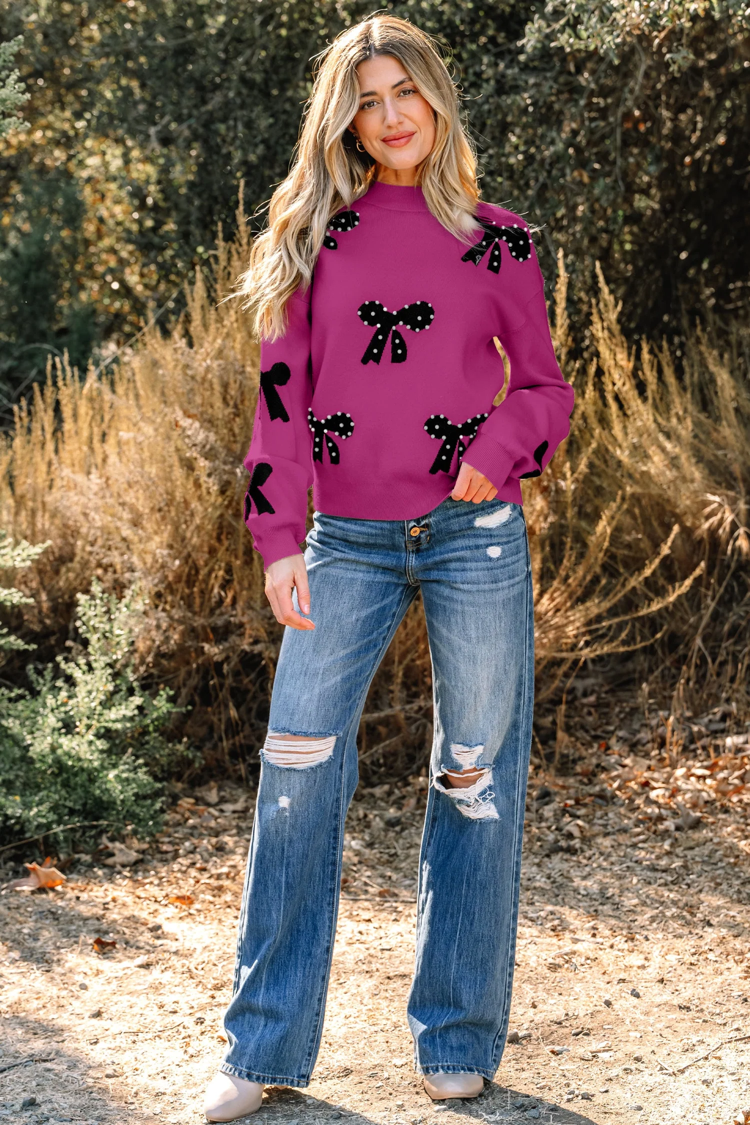 Threaded Pear Lucy Bow Pattern Loose Sweater - Image 4
