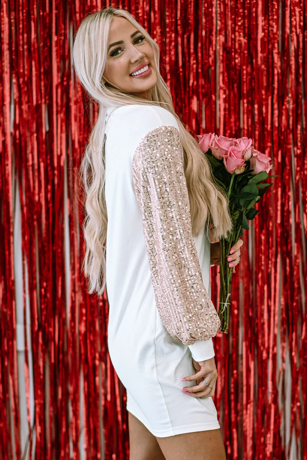 Threaded Pear Mandy Sequin Puff Sleeve Shift Mini Dress - Image 3