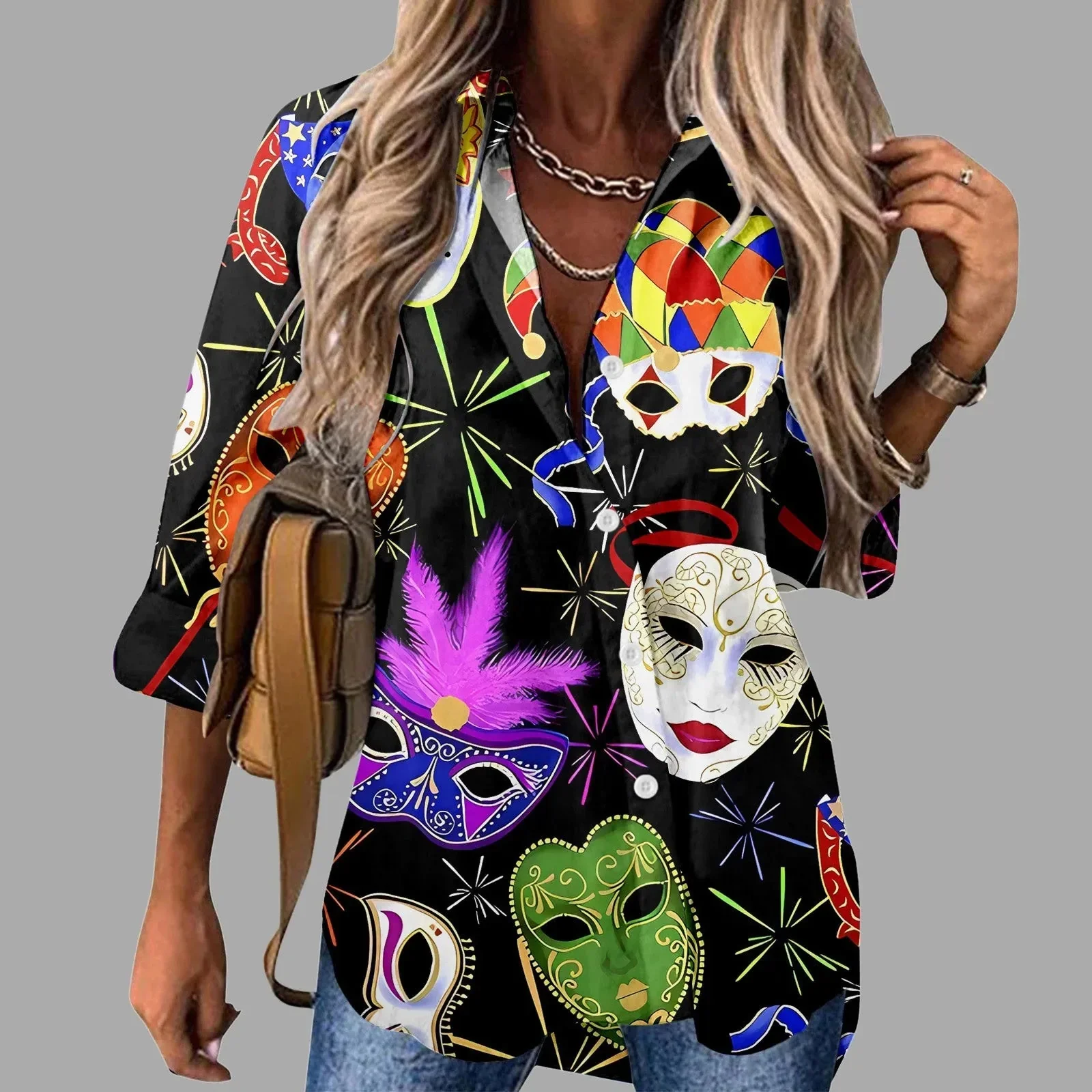 🎭 Mardi Gras Women's V-Neck Long Sleeve Carnival Print Shirt - Image 10