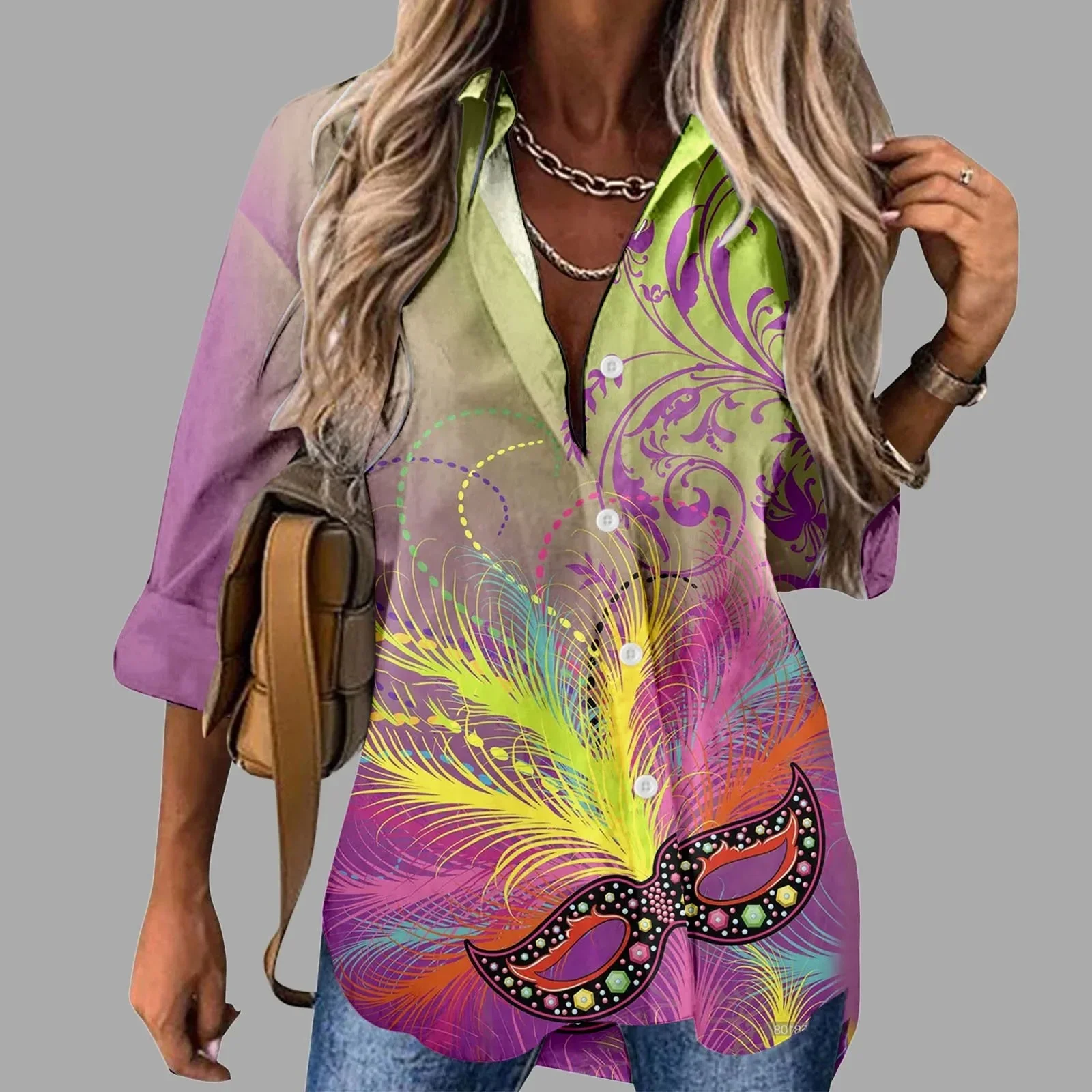 🎭 Mardi Gras Women's V-Neck Long Sleeve Carnival Print Shirt - Image 14