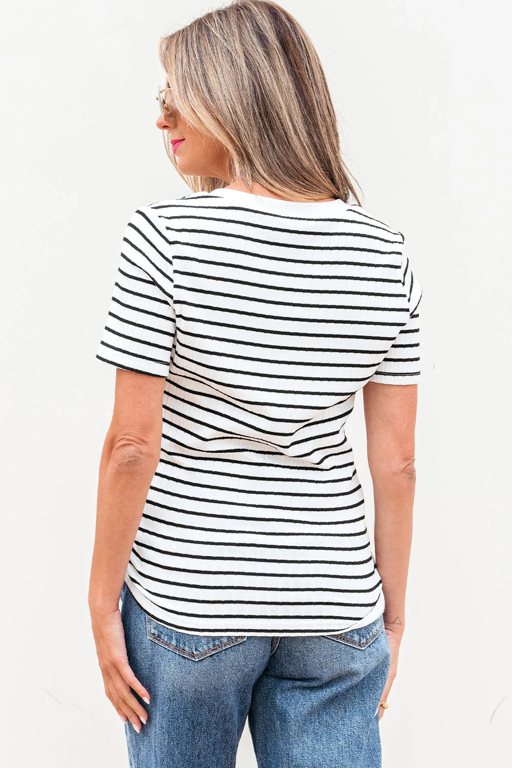 Threaded Pear Marleigh Stripe Textured Buttoned Henley Top - Image 2