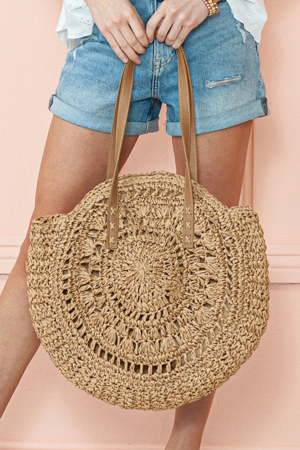 Threaded Pear Mavis Bohemian Straw Woven Round Bag