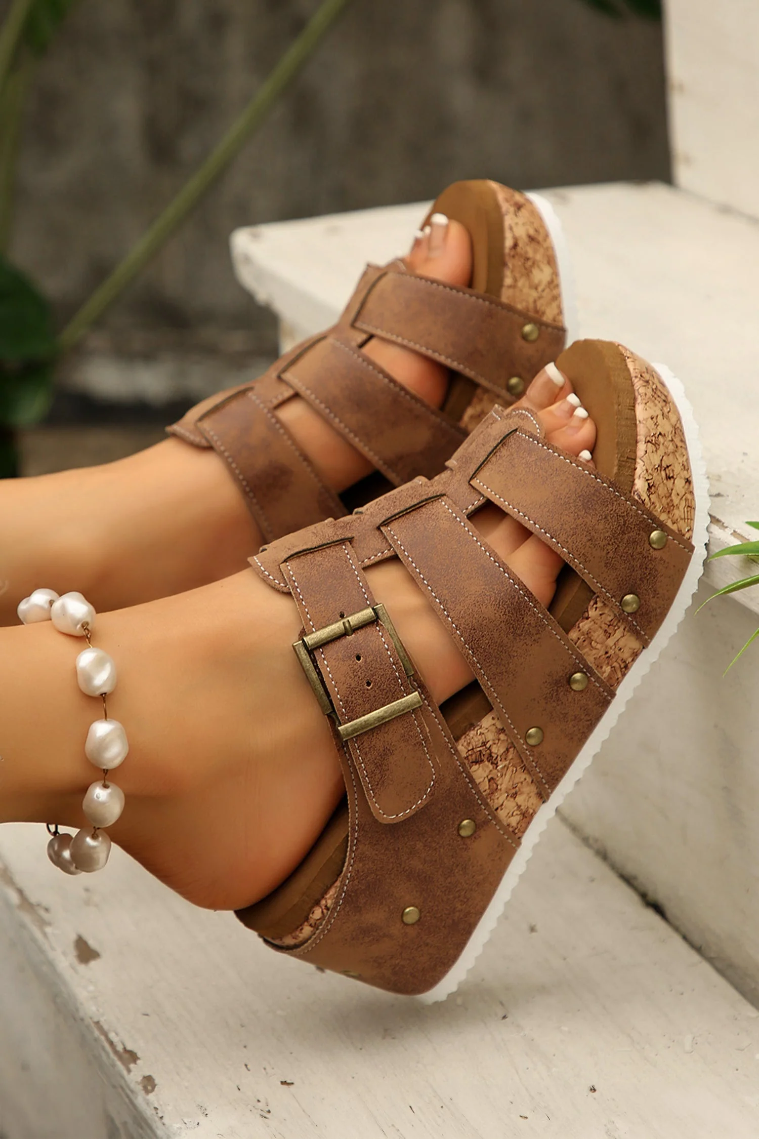 Threaded Pear Melody Cork Wedge Platform Slippers - Image 3
